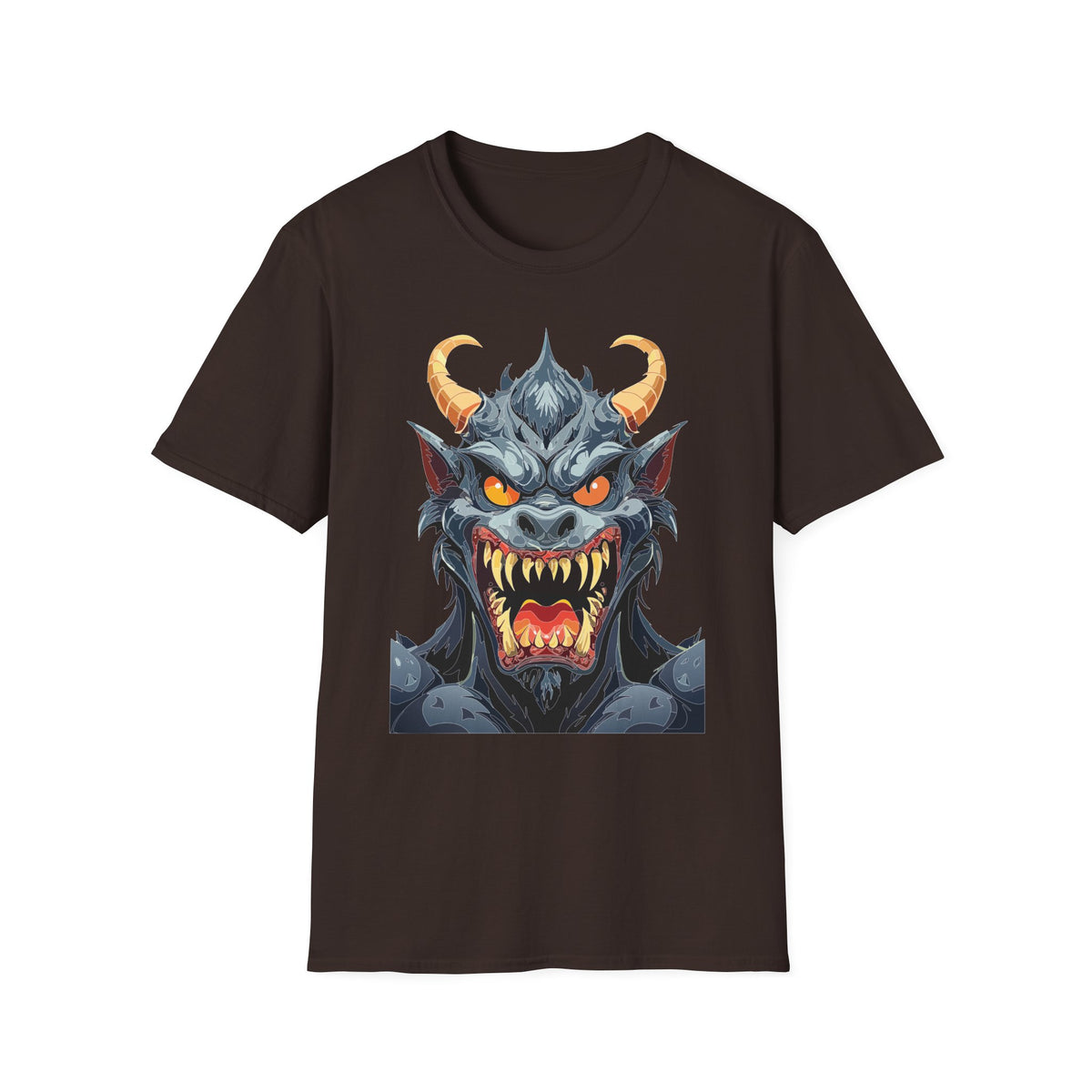 Demonic Monster Face T-Shirt — Fierce Horned Demon Cartoon Graphic Tee Unisex 100 Cotton Gildan T-Shirt