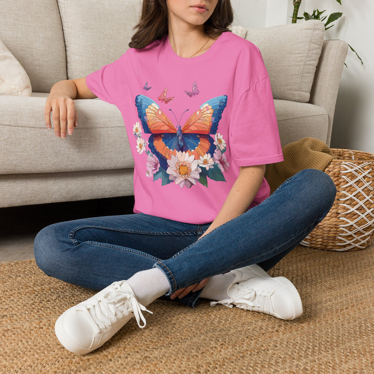 Butterfly Floral T-Shirt – Vibrant Orange & Blue Butterfly with Flowers Graphic Tee Unisex 100 Cotton Gildan T-Shirt