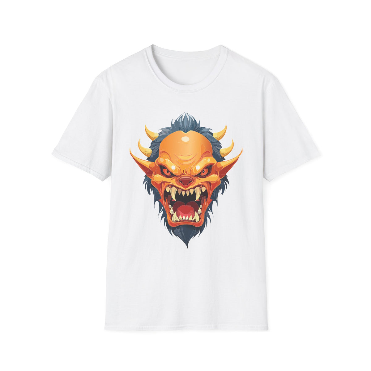 Demonic Oni Mask T-Shirt — Fierce Japanese Demon Face Cartoon Graphic Tee Unisex 100 Cotton Gildan T-Shirt