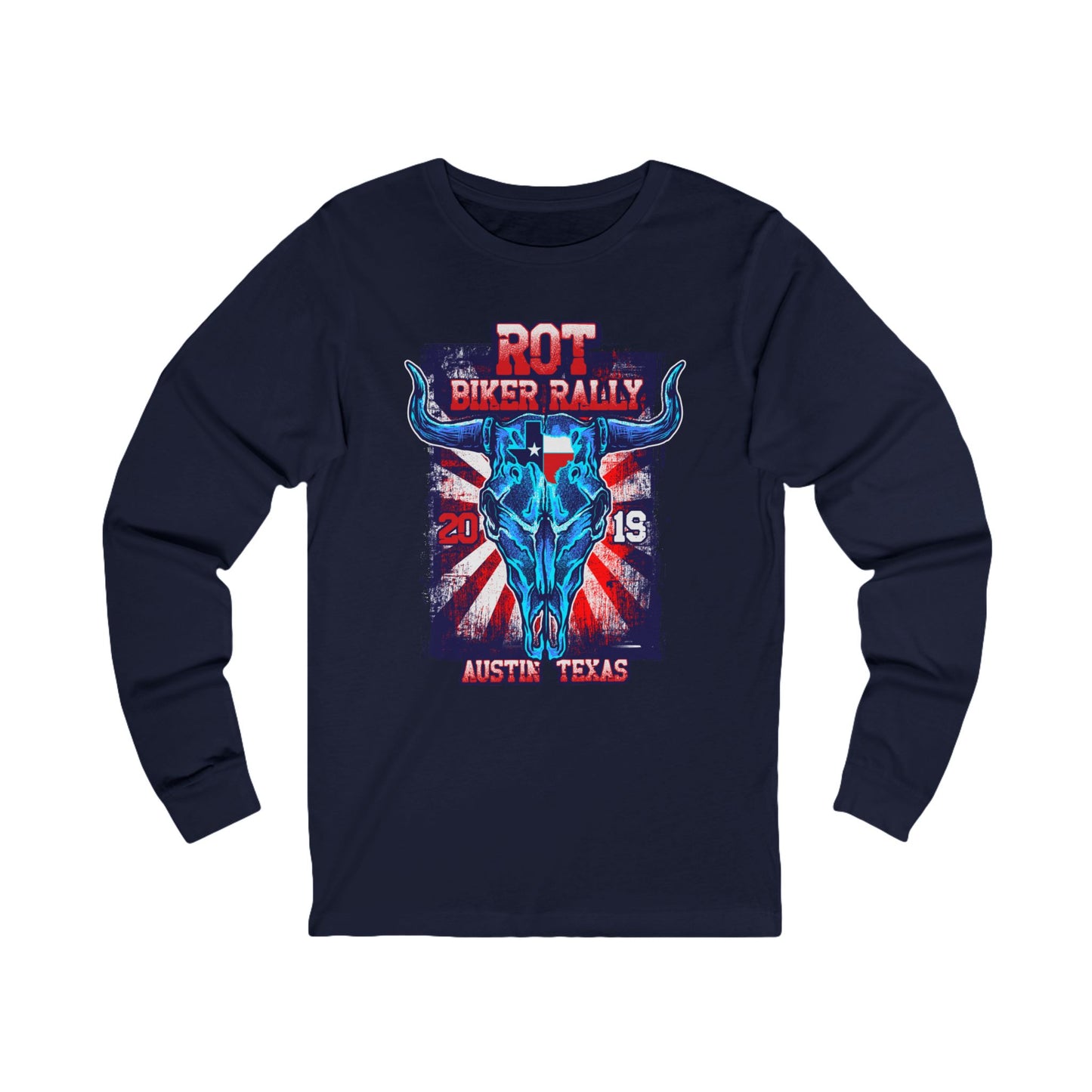 Biker Rally Unisex Bull Long Sleeve Tee, Bull Jersey Shirt, Biker Rally T-Shirts, Rodeo Art Design Tees Austin Texas T-Shirts