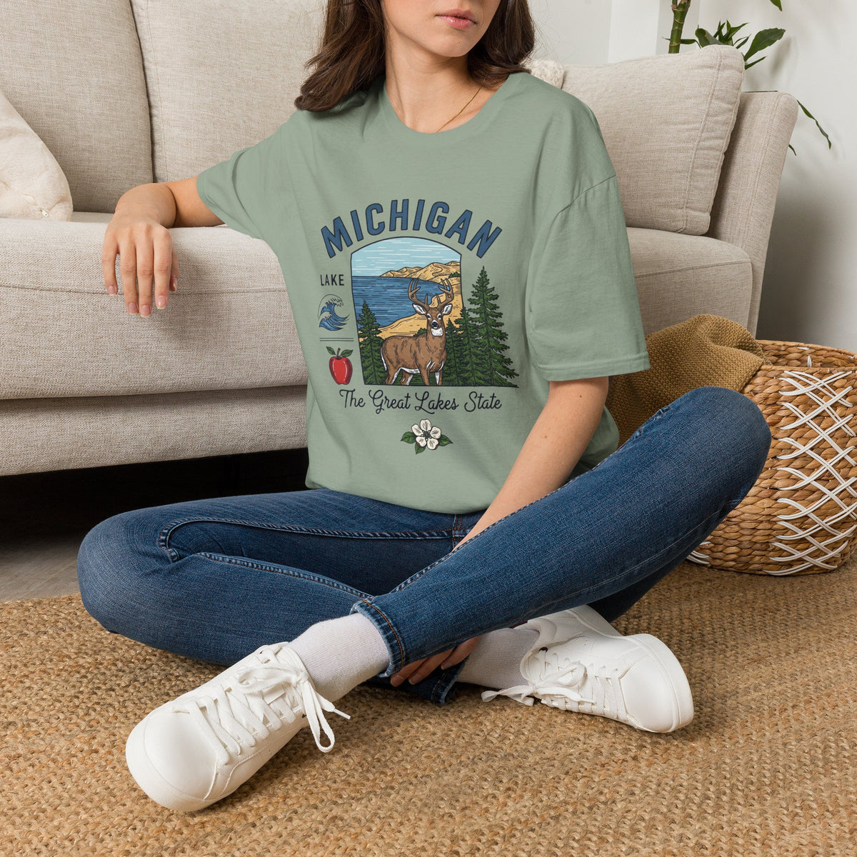 Michigan Graphic T-Shirt — The Great Lakes State Deer Lake Travel Tourist Graphic Design Unisex 100 Cotton Gildan T-Shirt