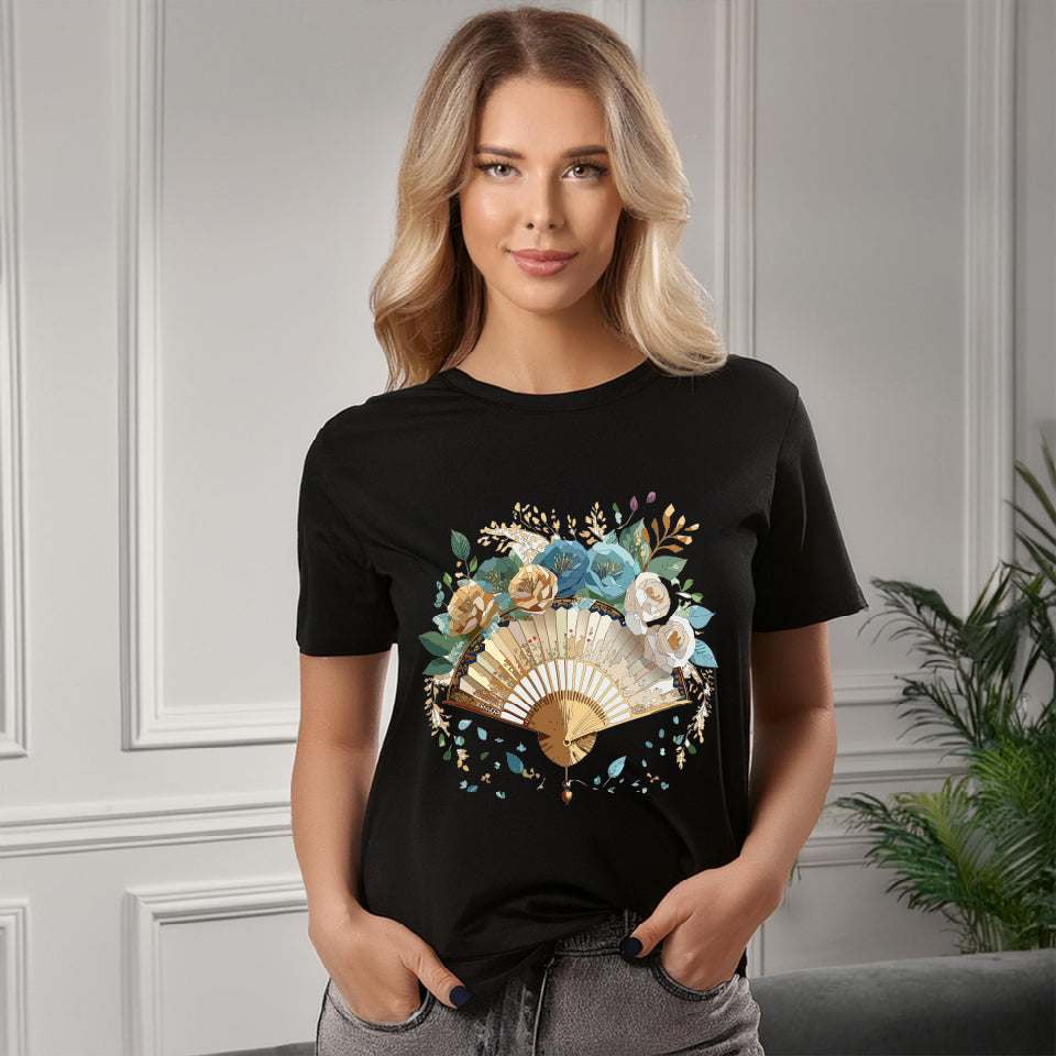 Antique Fan Graphic Design T-Shirt Unisex 100 Cotton Floral Carnival Artwork Tee 4