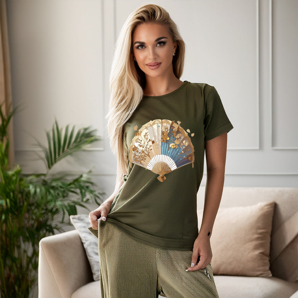 Antique Fan Graphic Design T-Shirt Unisex 100 Cotton Floral Carnival Artwork Tee 3