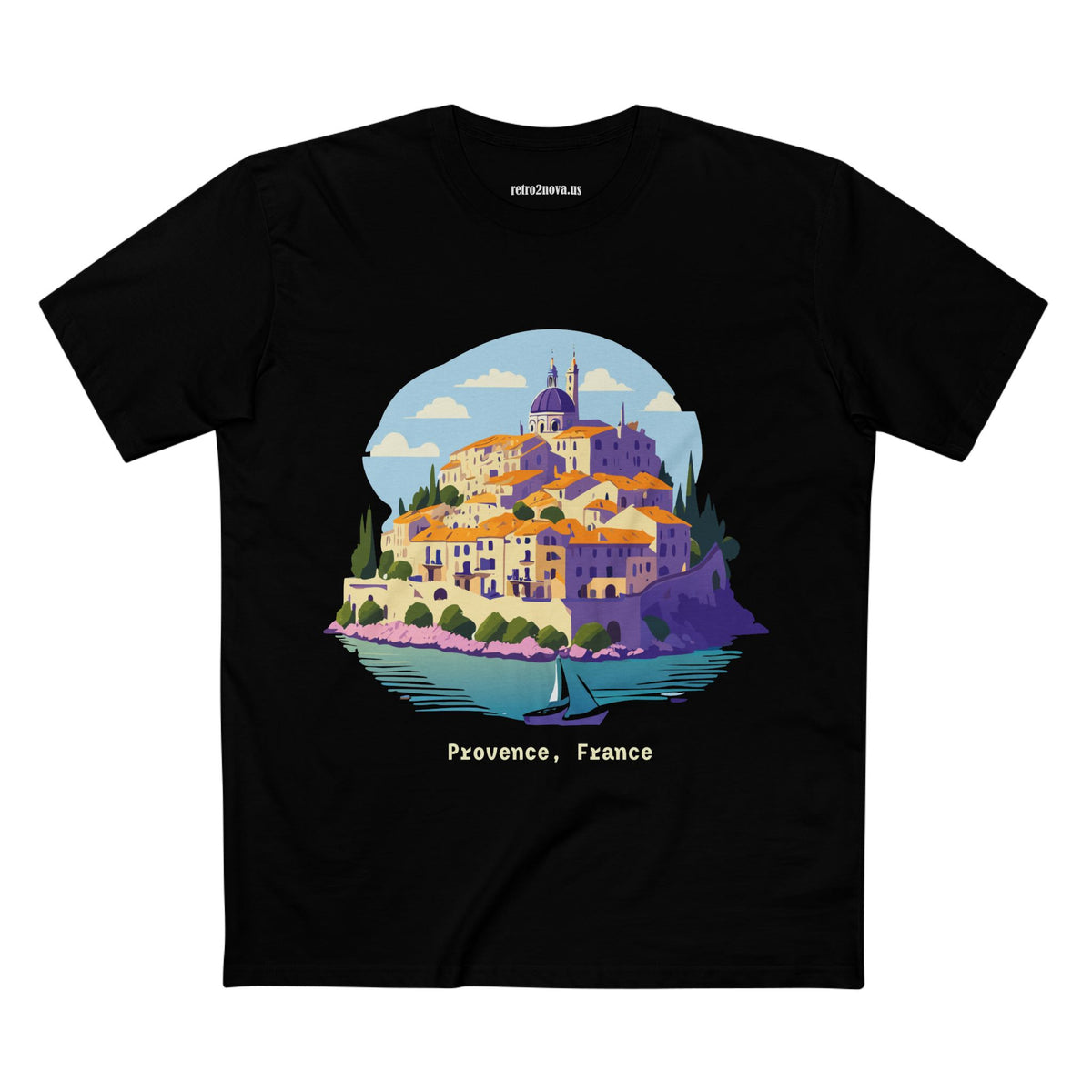 Provence France Village Illustration T-Shirt | Coastal Sailboat Scenic Tee