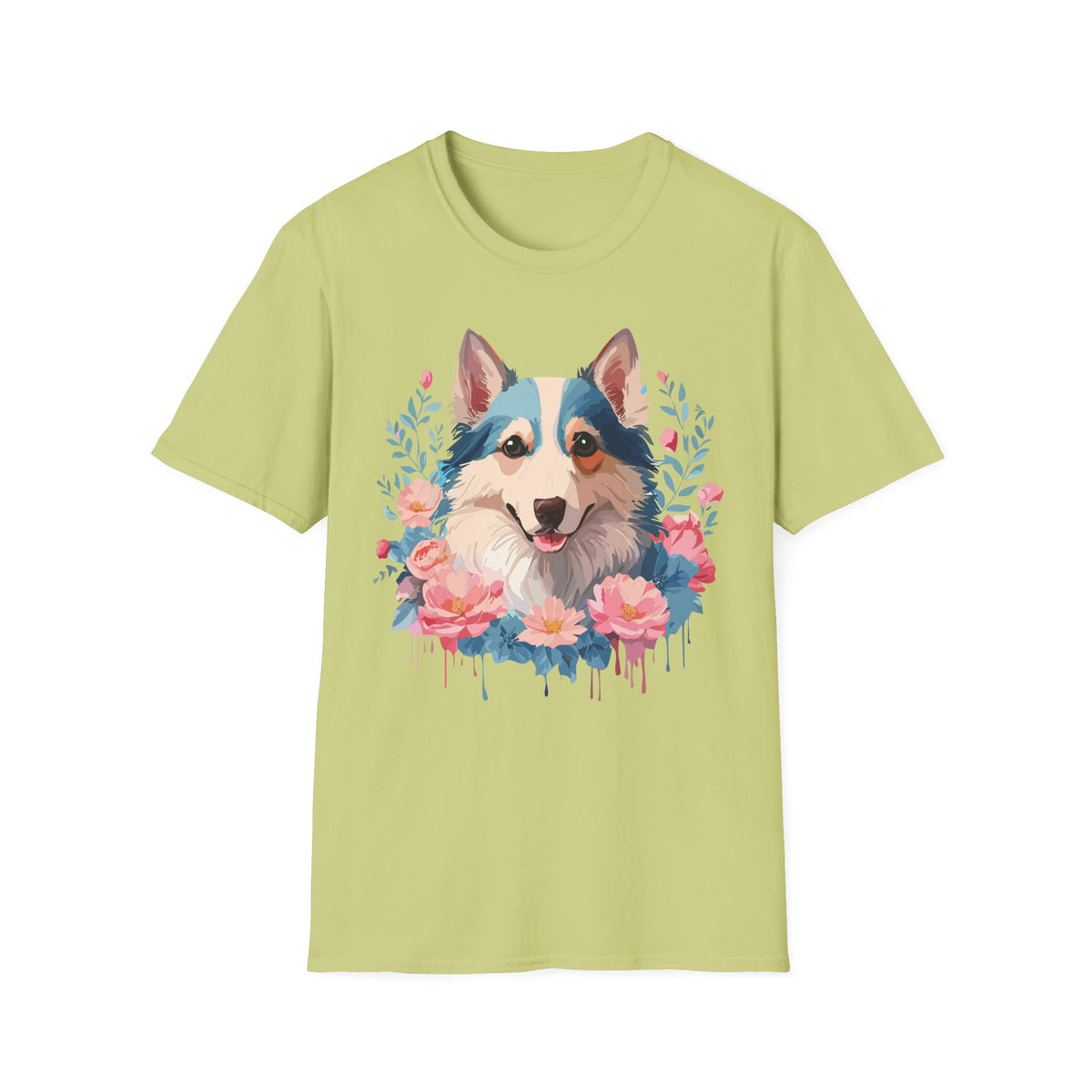 Floral Corgi Portrait T-Shirt | Dog Face Tee with Flowers