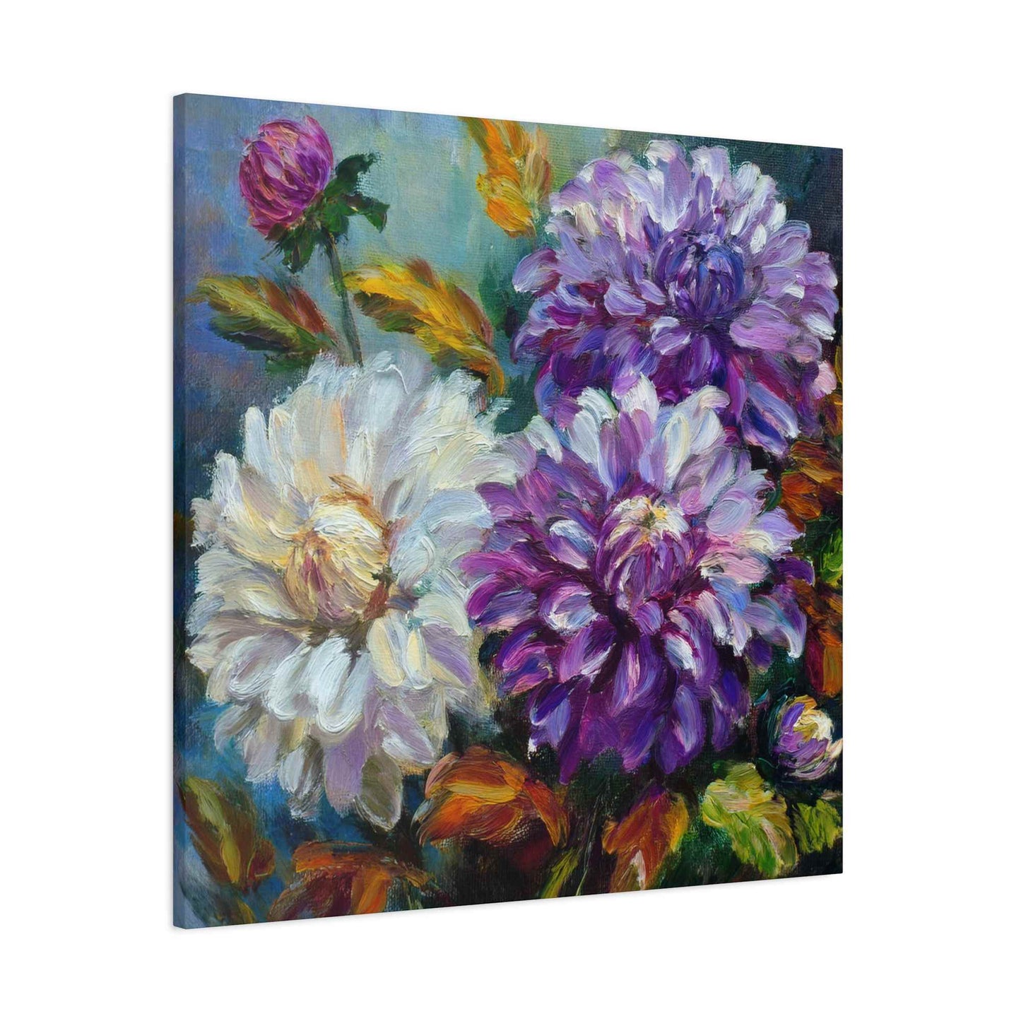 Dahlias Floral Print Canvas, Floral Oil Paint Print 20x20, 24x24, 30x30, 32x32, 36x36 Art Design Pine-Wood Inner Frame MC-173