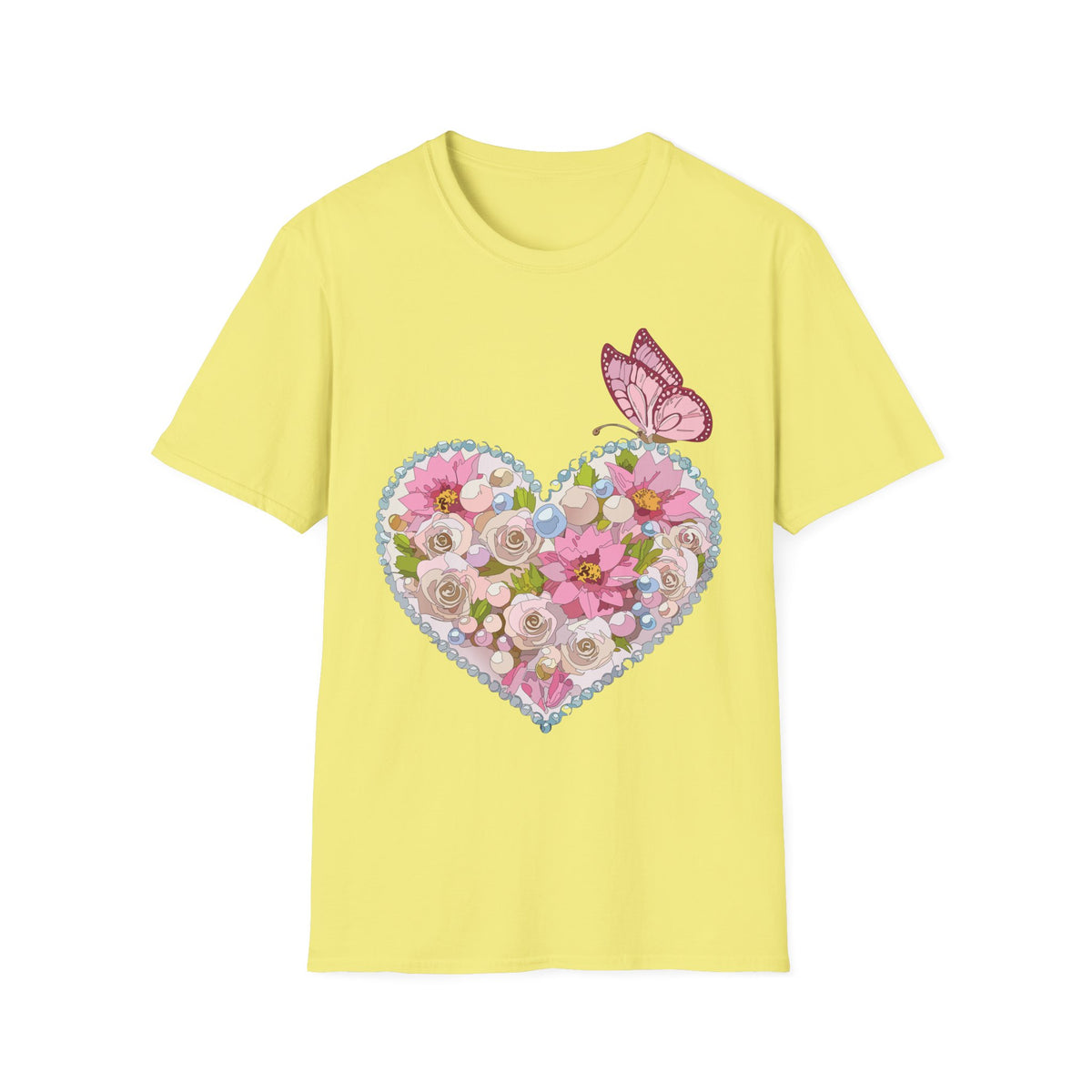 Floral Heart with Butterfly T-Shirt | Pink Flower Heart Graphic Tee Unisex 100 Cotton Gildan T-Shirt