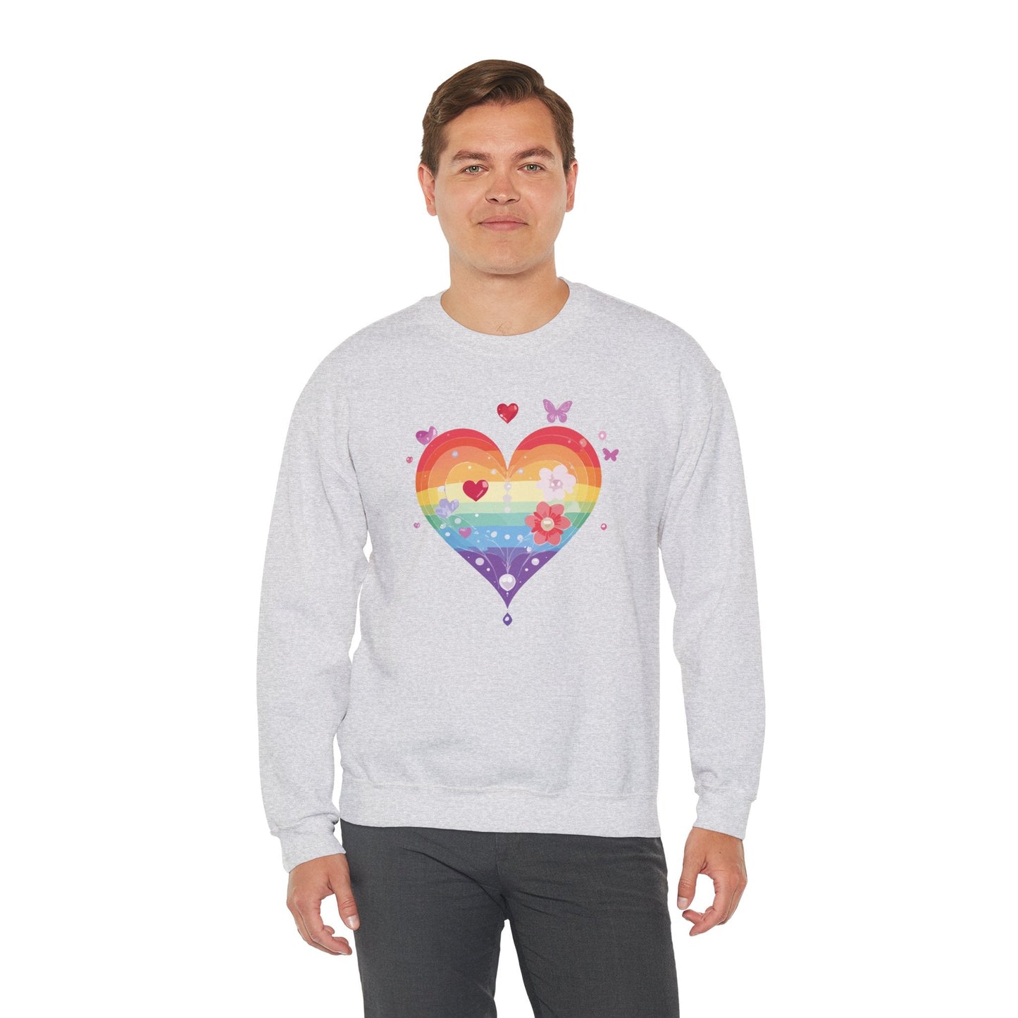 Rainbow Heart Floral Sweatshirt Unisex Valentines Day Graphic Love Sweatshirt Gift Idea