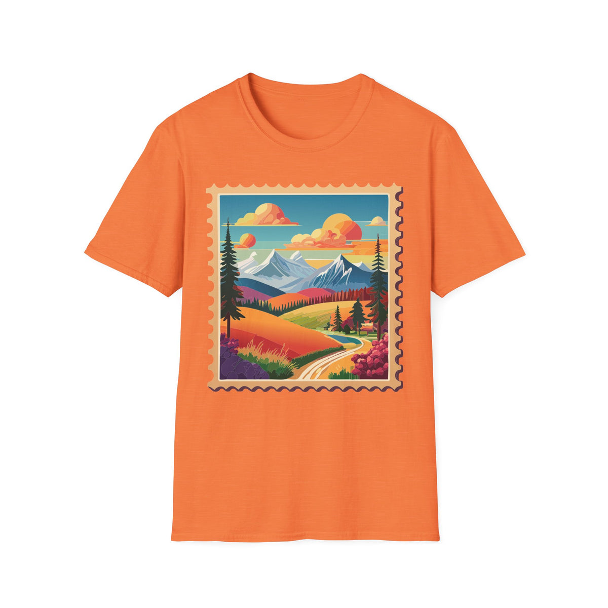 Vintage Mountain Landscape T-Shirt | Scenic Stamp Illustration