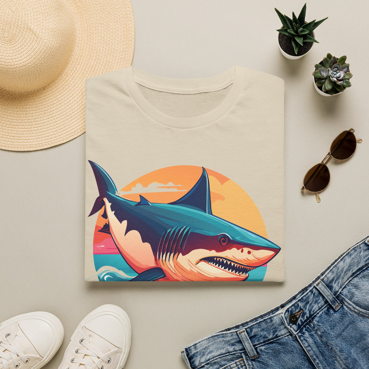 Retro Shark Sunset T-Shirt | Ocean Waves | Coastal Beach Tee