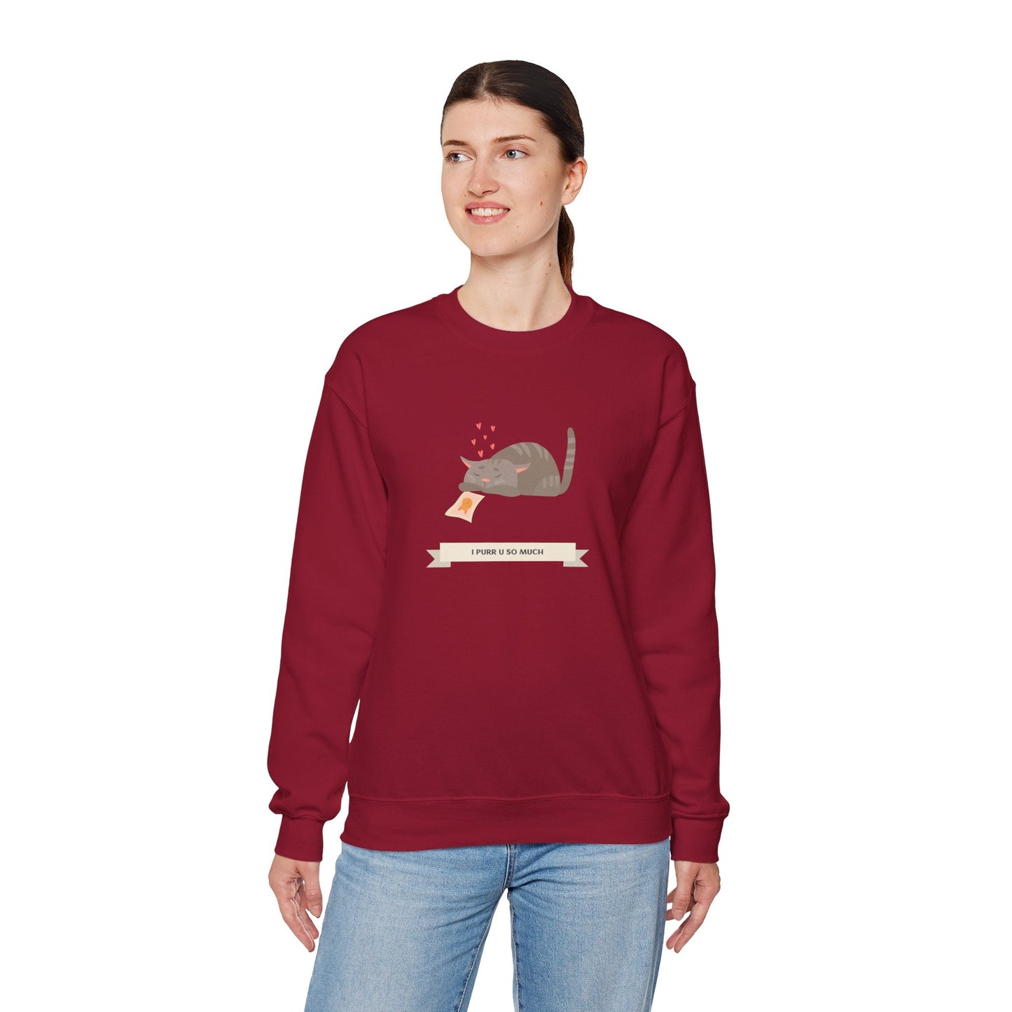 Cat Heart Sweatshirt Unisex 50/50 Cotton Poly Valentine Day Crewneck Gildan 18000