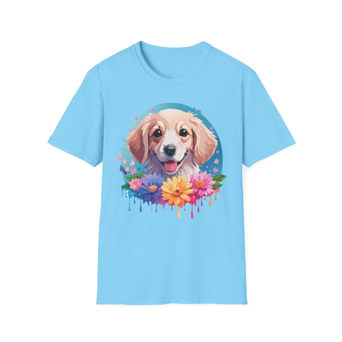 Happy Golden Retriever Portrait T-Shirt | Colorful Floral Dog Illustration