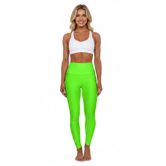 Neon Grass Green Color High-Waist Yoga Leggings Women's Seamless Poly-Span Stretchy Pants XS-2XL