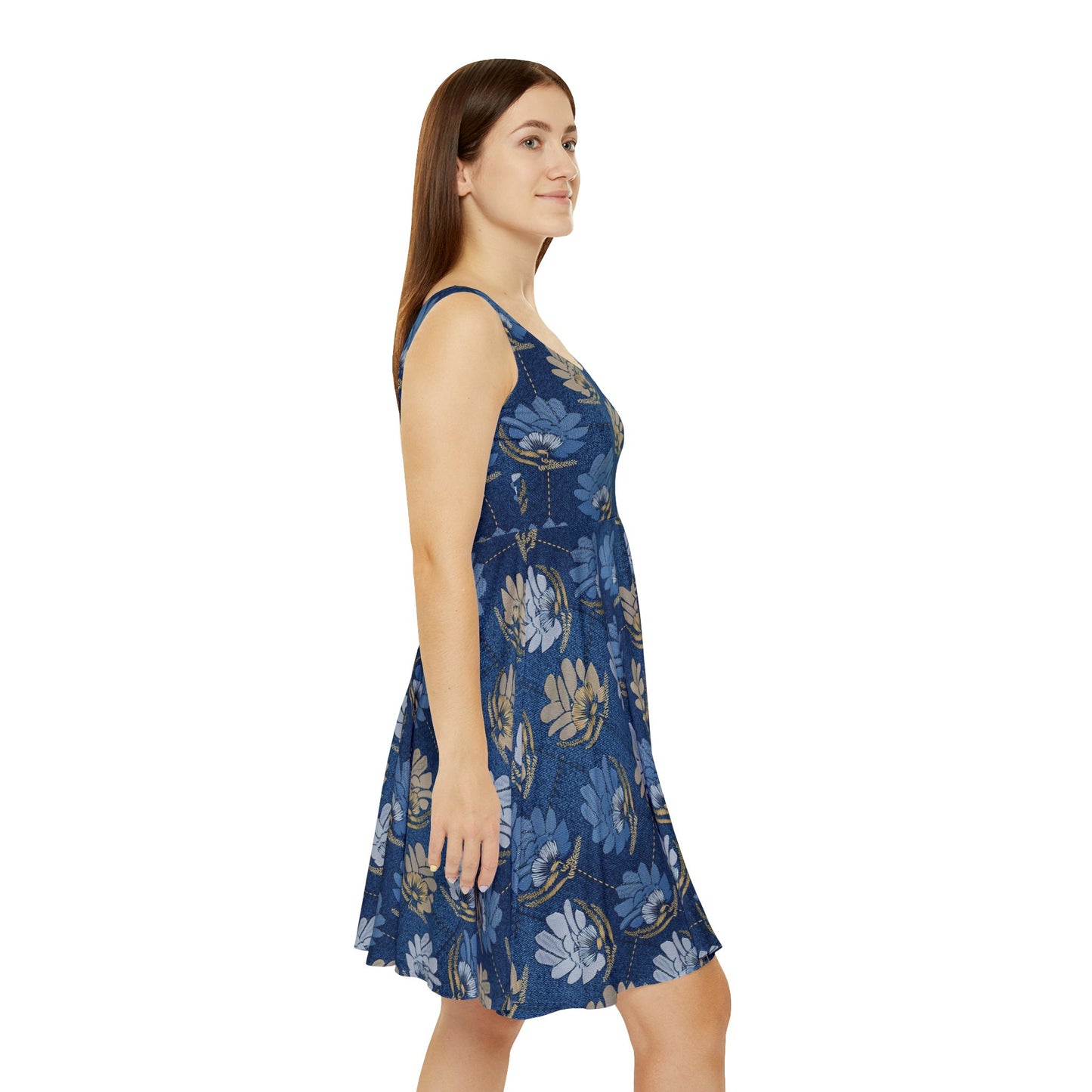 Women Denim Print Skater Dress, Denim Print Poly-Span Dress - 32