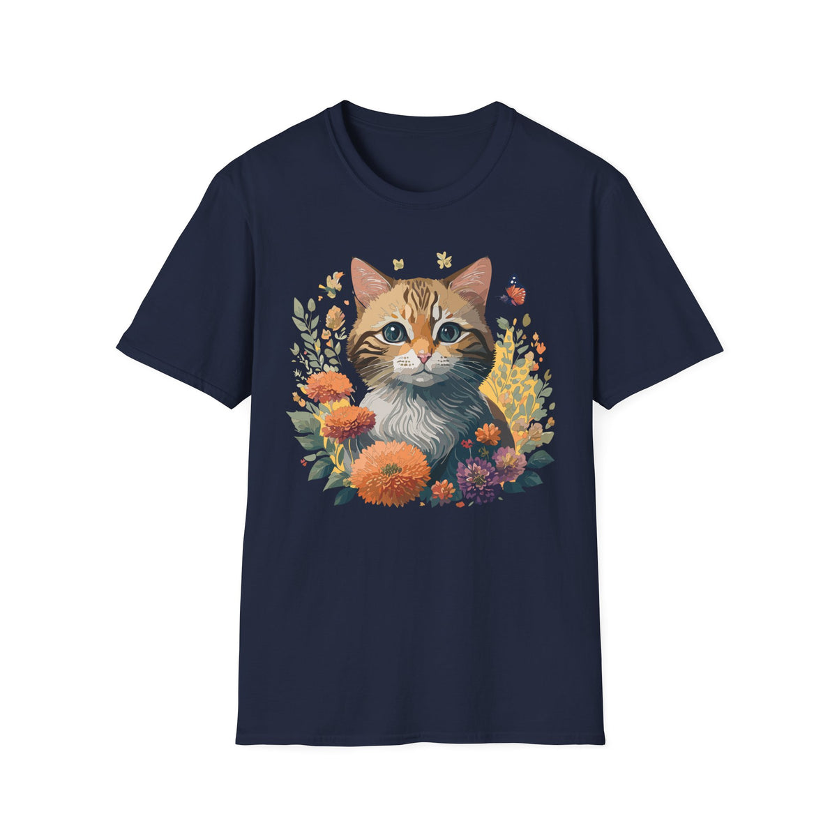Cute Tabby Kitten Floral Illustration T-Shirt | Cat, Butterfly, Wildflowers Graphic Tee Unisex 100 Cotton Gildan T-Shirt