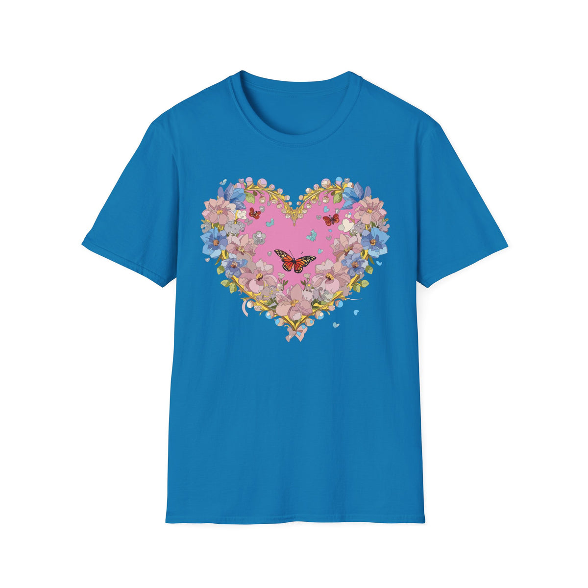 Floral Heart with Butterfly T-Shirt | Pink Bloom Love Graphic Tee Unisex 100 Cotton Gildan T-Shirt