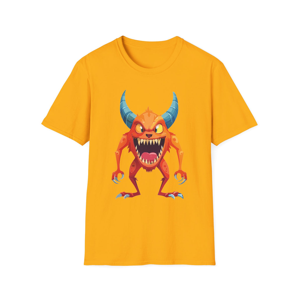 Orange Horned Monster T-Shirt — Cute Scary Cartoon Tee for Kids & Halloween Cartoon Graphic Tee Unisex 100 Cotton Gildan T-Shirt