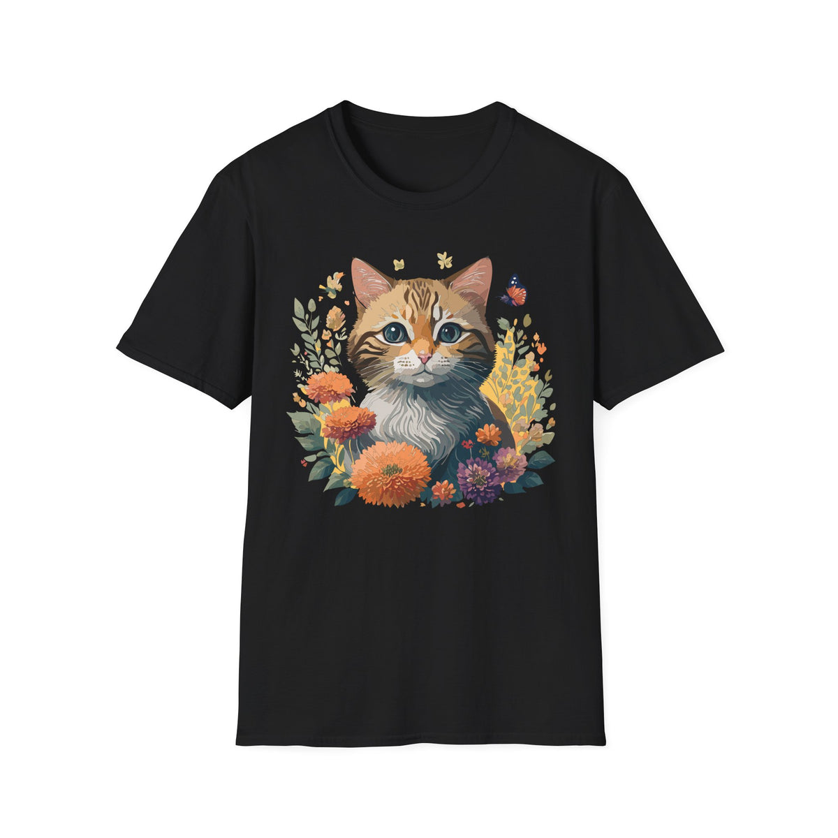 Cute Tabby Kitten Floral Illustration T-Shirt | Cat, Butterfly, Wildflowers