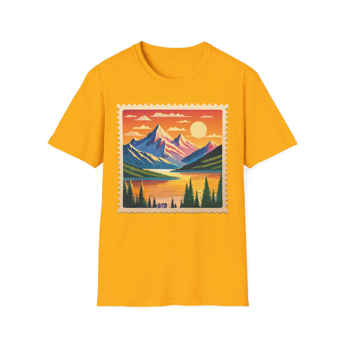 Sunset Mountain Landscape T-Shirt | Vintage Stamp Style