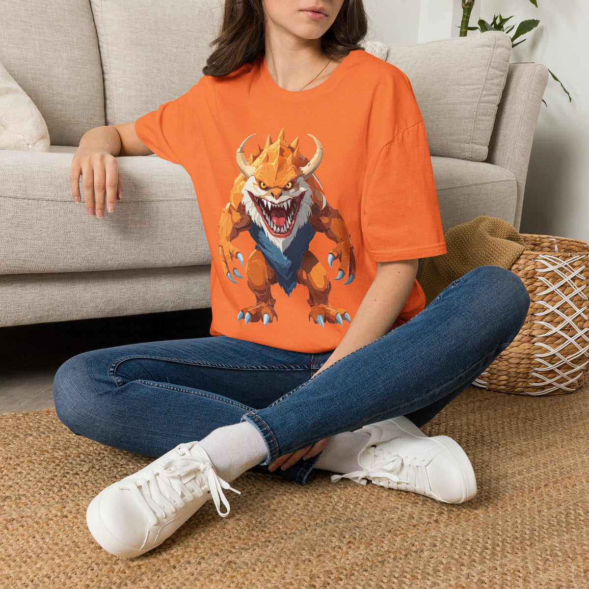 Monster Graphic T-Shirt — Fierce Orange Demon Creature Cartoon Graphic Tee Unisex 100 Cotton Gildan T-Shirt