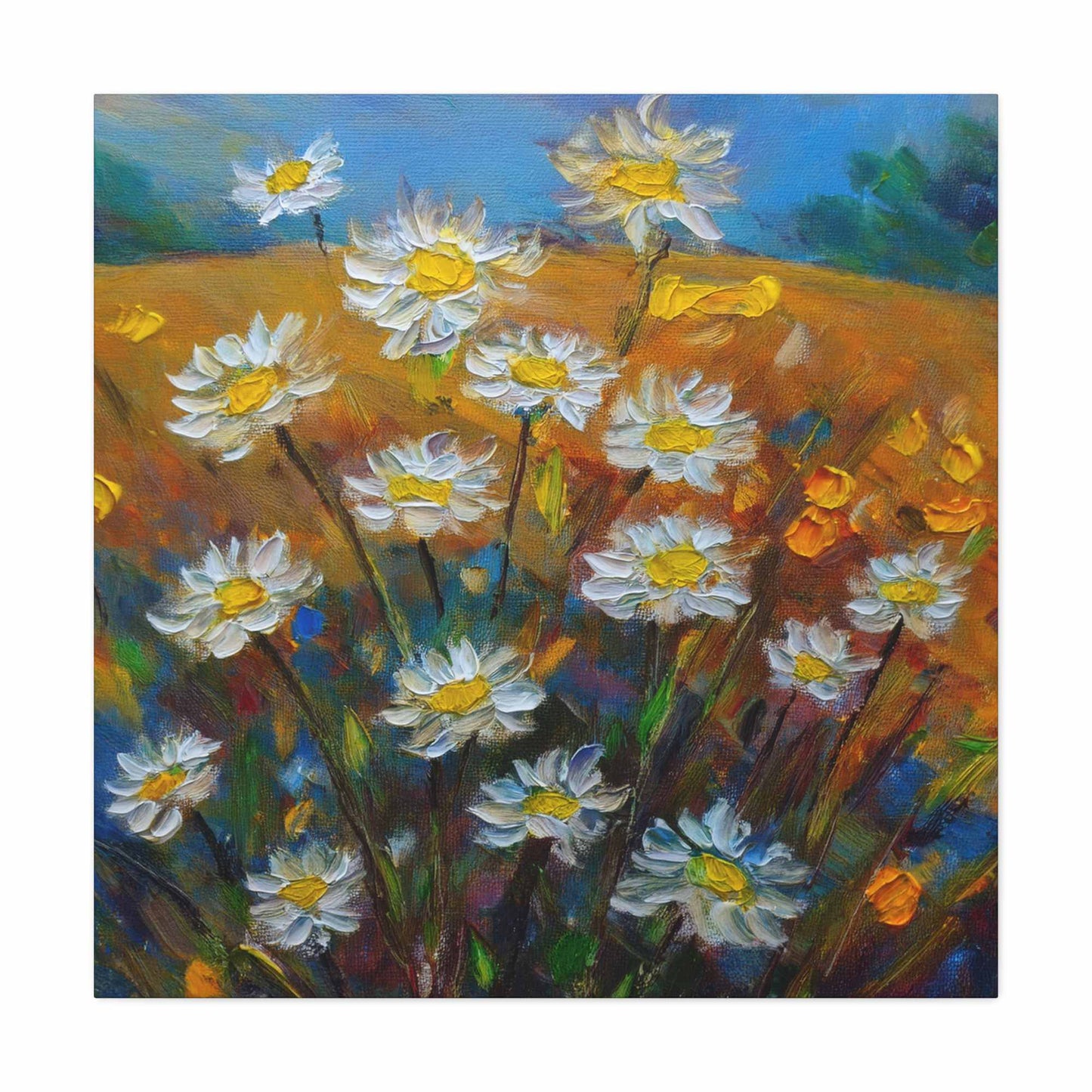 White Daisies Print Canvas, Floral Oil Paint Print 20x20, 24x24, 30x30, 32x32, 36x36 Art Design Pine-Wood Inner Frame MC-126