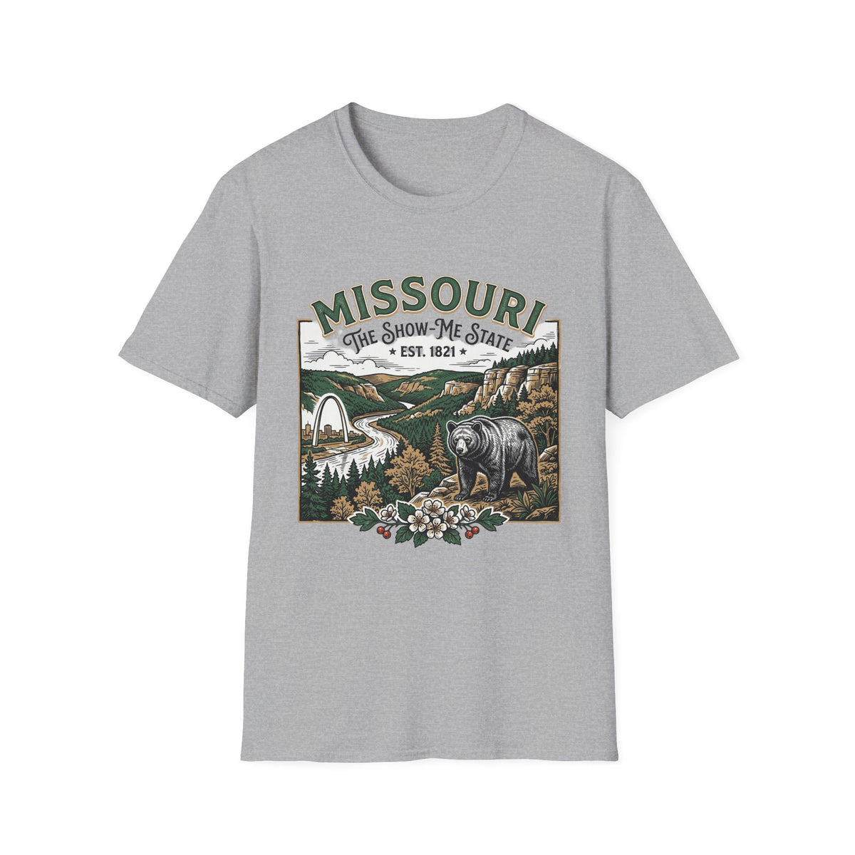 Missouri Vintage State Pride T-Shirt — State Scenic Bear Design Travel Tourist Graphic Design Unisex 100 Cotton Gildan T-Shirt