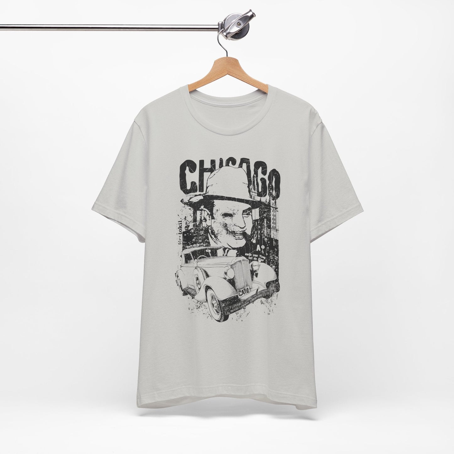 Chicago Retro Mobster Illustration Tee Vintage Car Cityscape Art Design T-Shirt A-8