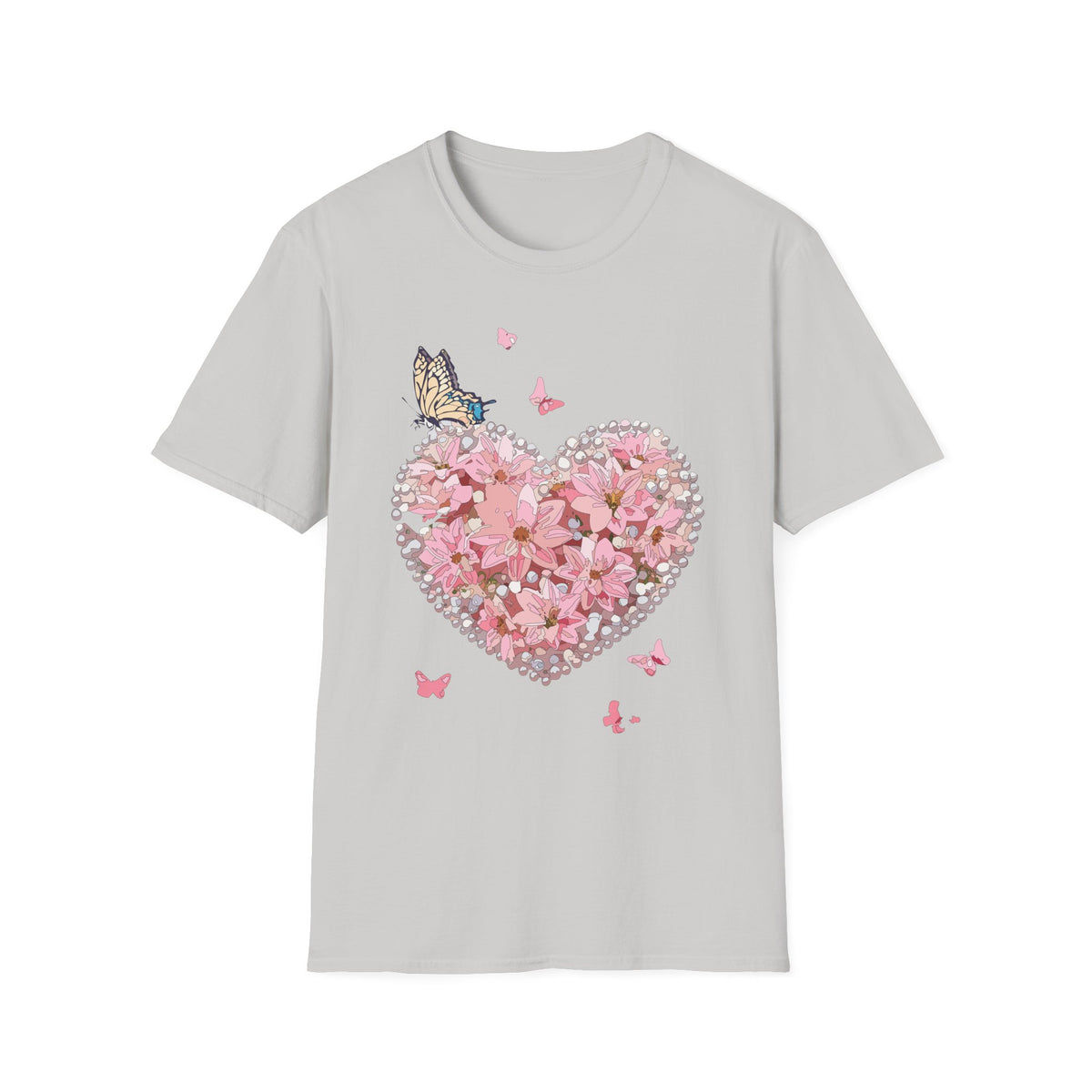 Pink Floral Heart with Butterfly T-Shirt | Spring Floral Graphic Tee Unisex 100 Cotton Gildan T-Shirt