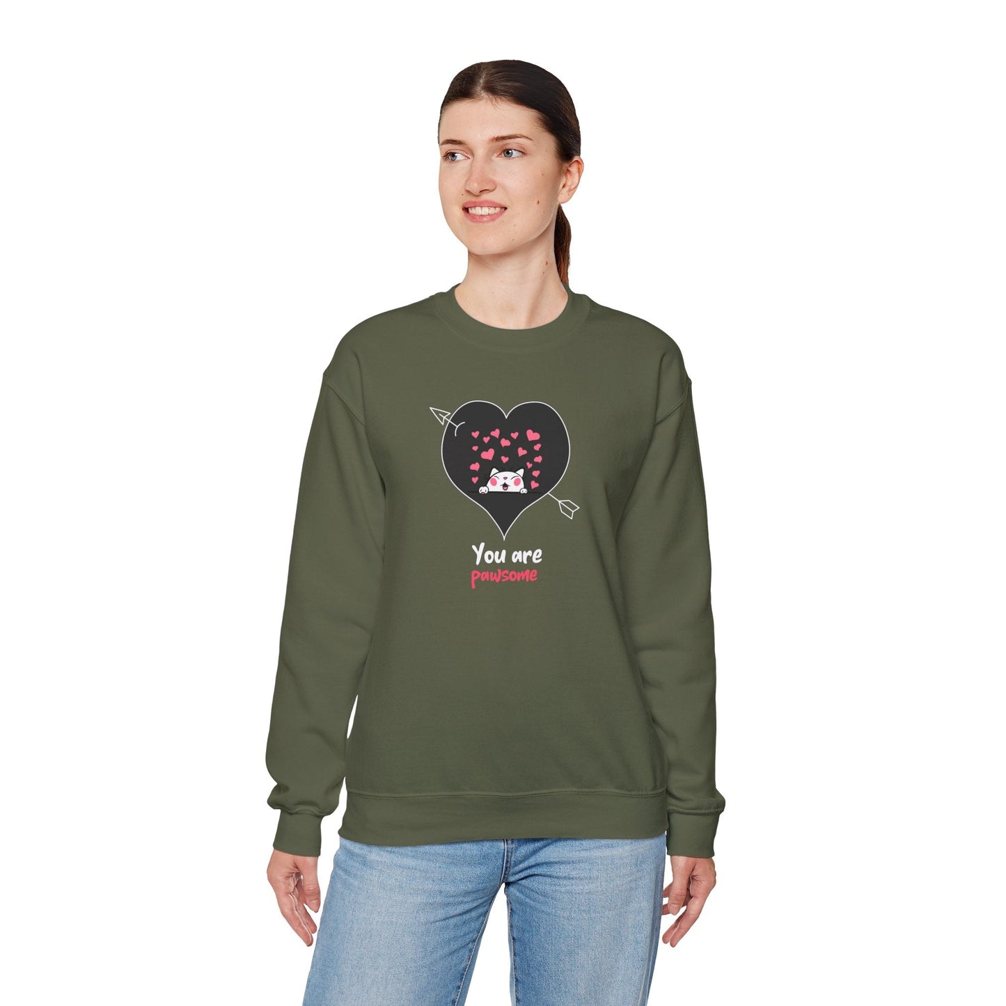 Cat Heart Sweatshirt Valentines Day Fifty Fifty Cotton Poly Unisex Crewneck Gift Idea