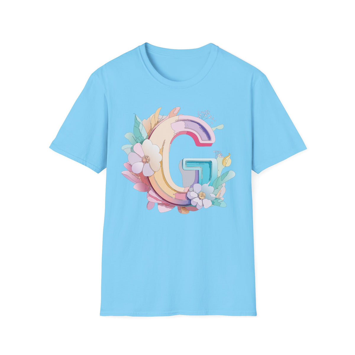 Floral Letter G T-Shirt | Monogram Initial Tee, Pastel Rainbow Blooms