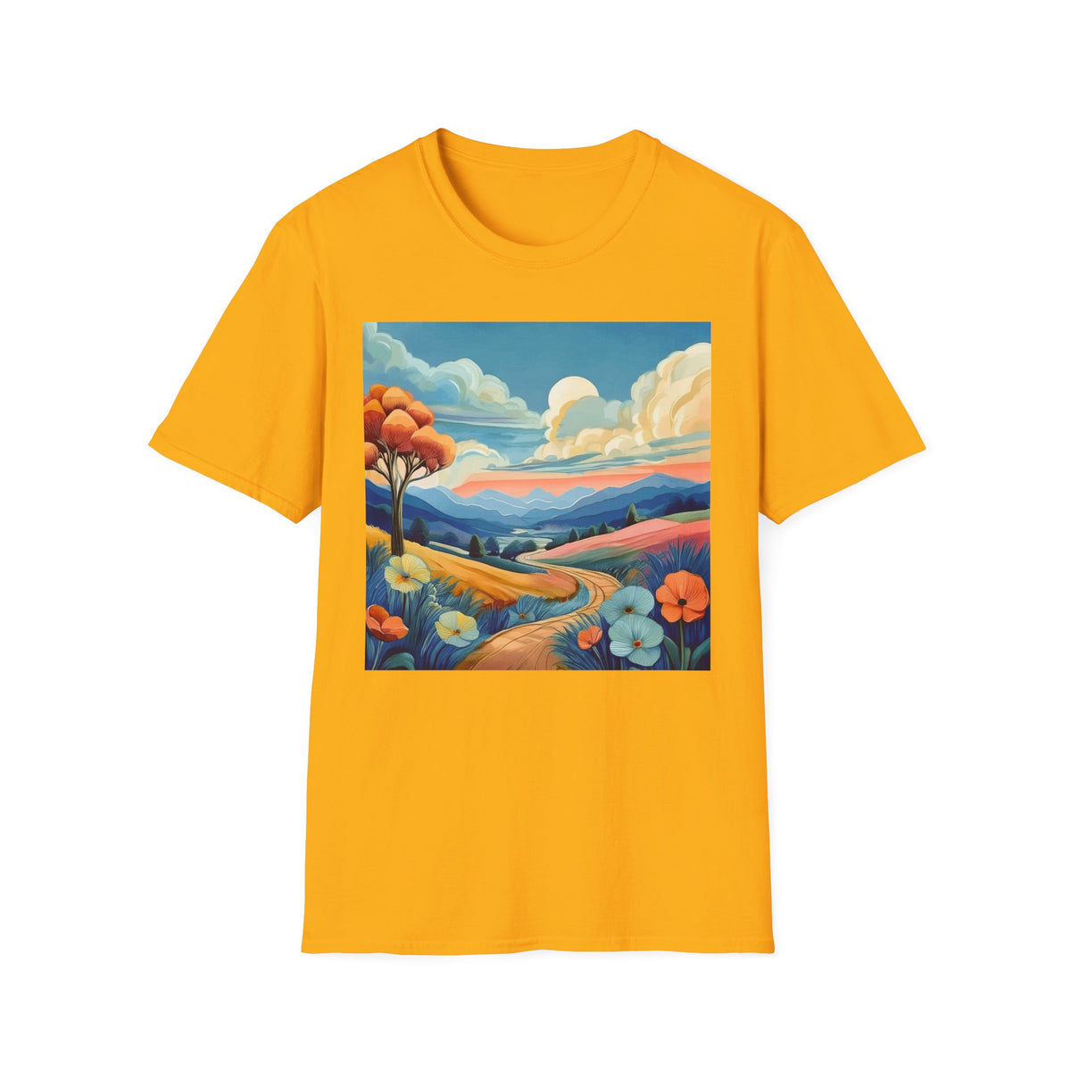 Colorful Mountain Landscape Graphic Posters, Post Stamps Design Unisex 100 Cotton Gildan T-Shirt