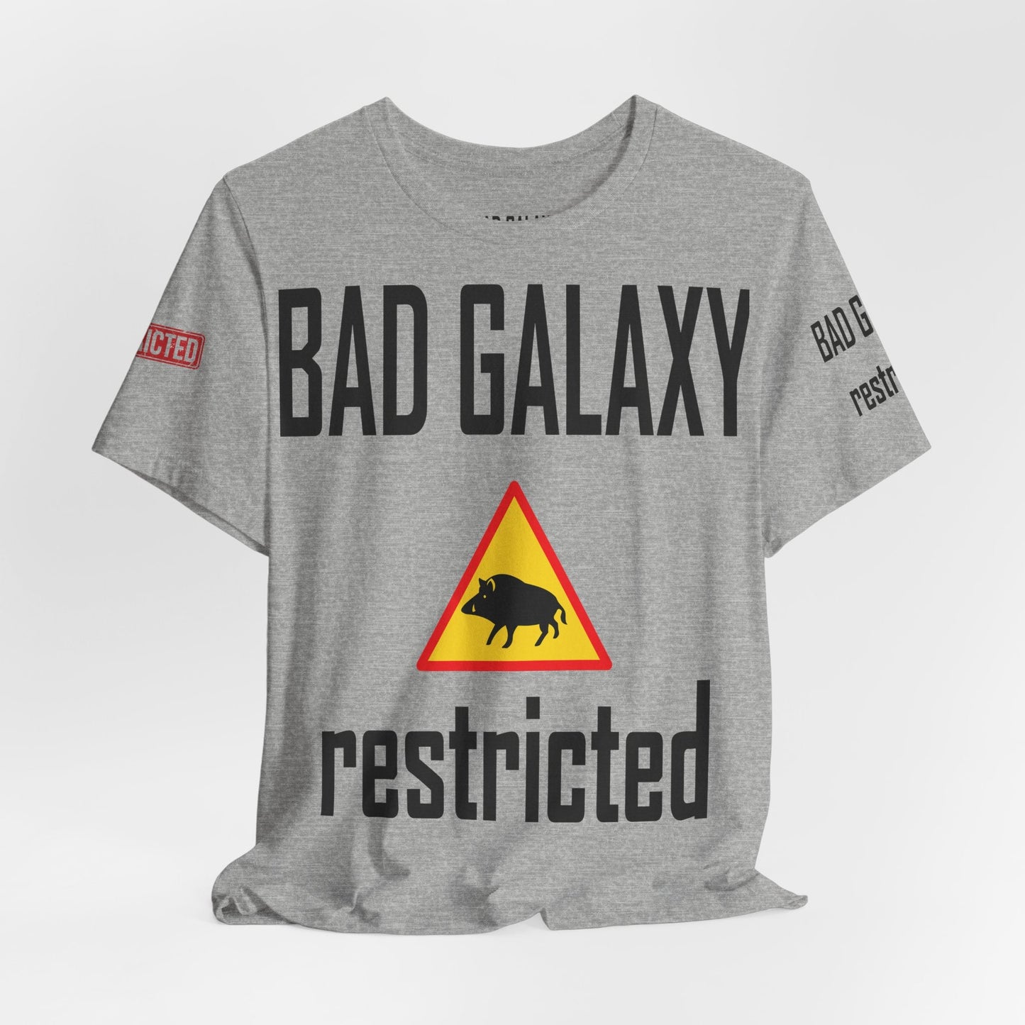 Tee Shirt With Red Stamp Designed And Printed In The USA By Bad Galaxy 100 Percent Cotton