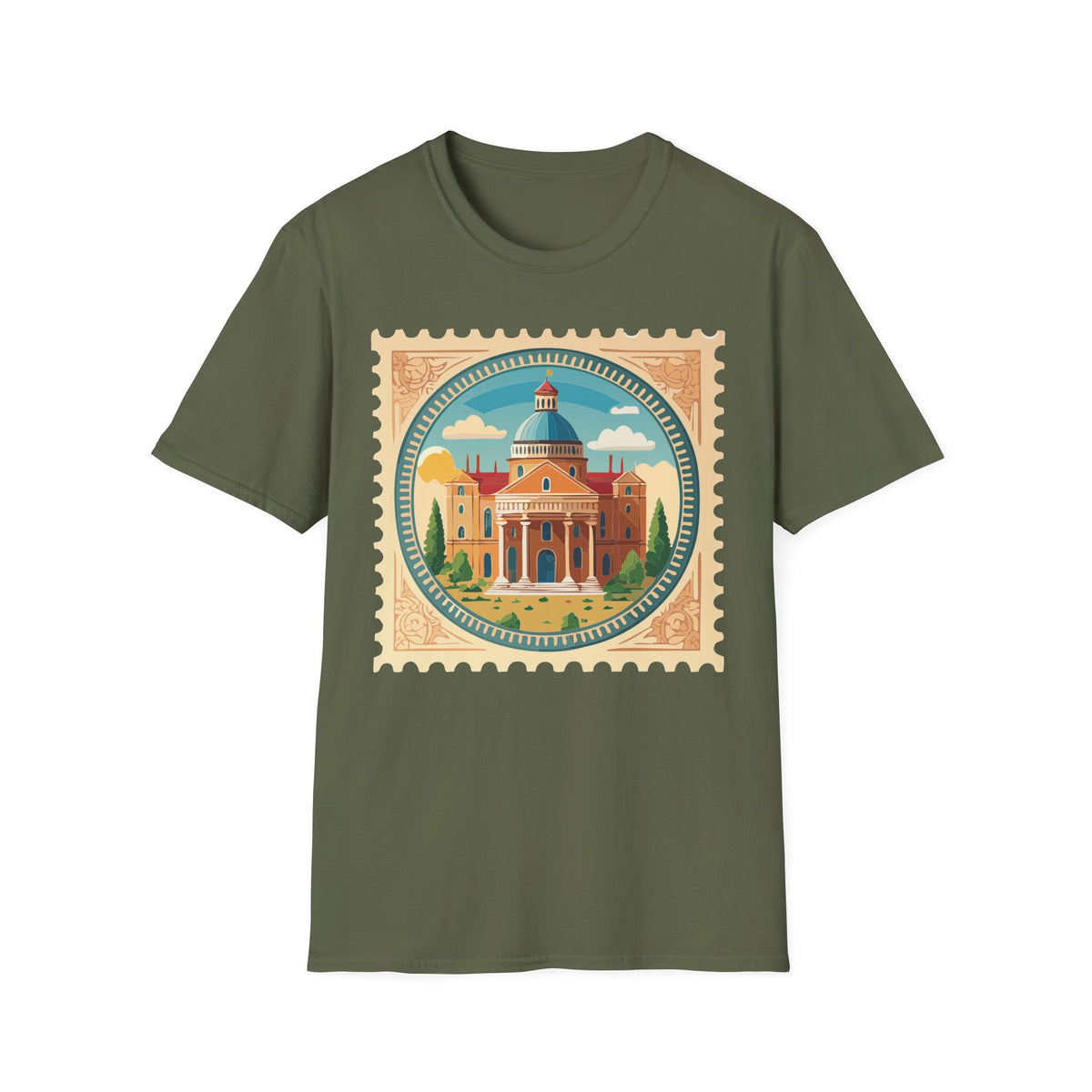 Vintage Postage Stamp Cityscape T-Shirt | Retro Basilica Graphic Tee Unisex 100 Cotton Gildan T-Shirt