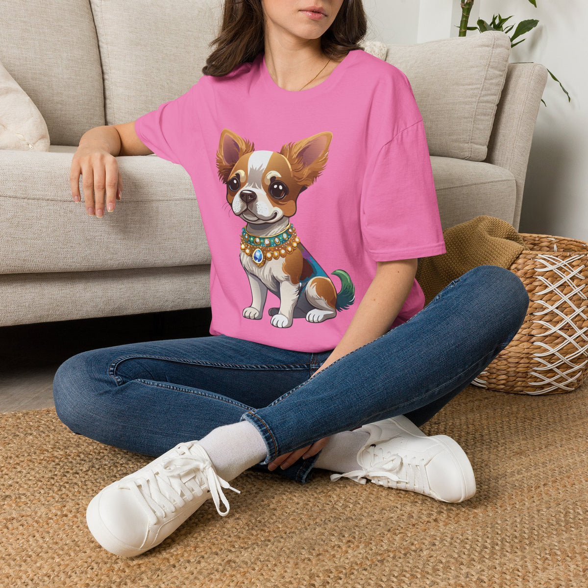 Chihuahua Pup Graphic T-Shirt — Cute Jewel-Collared Dog Graphic Design Unisex 100 Cotton Gildan T-Shirt