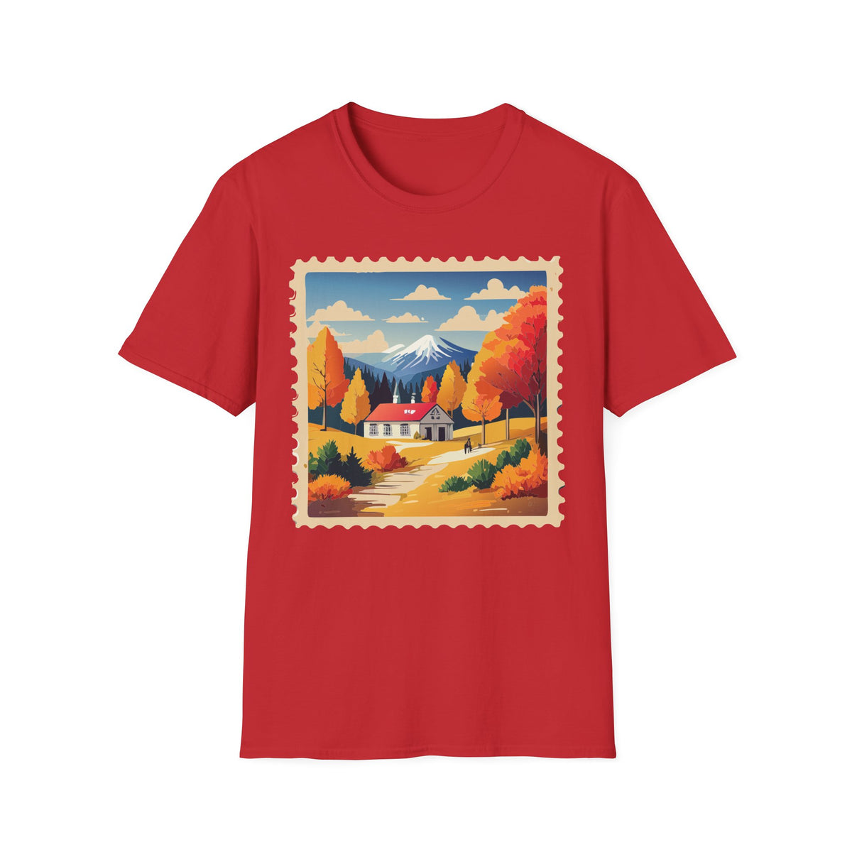 Autumn Mountain Cabin T-Shirt | Fall Landscape Stamp Art