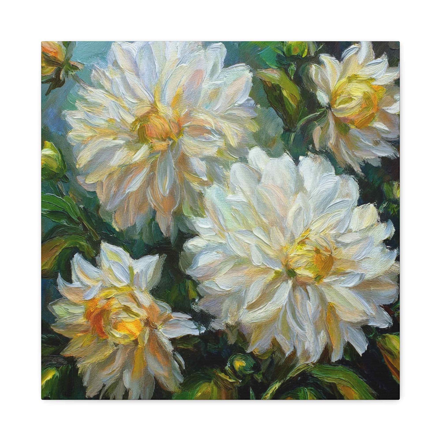 White Dahlias Print Canvas, Floral Oil Paint Print 20x20, 24x24, 30x30, 32x32, 36x36 Art Design Pine-Wood Inner Frame MC-169