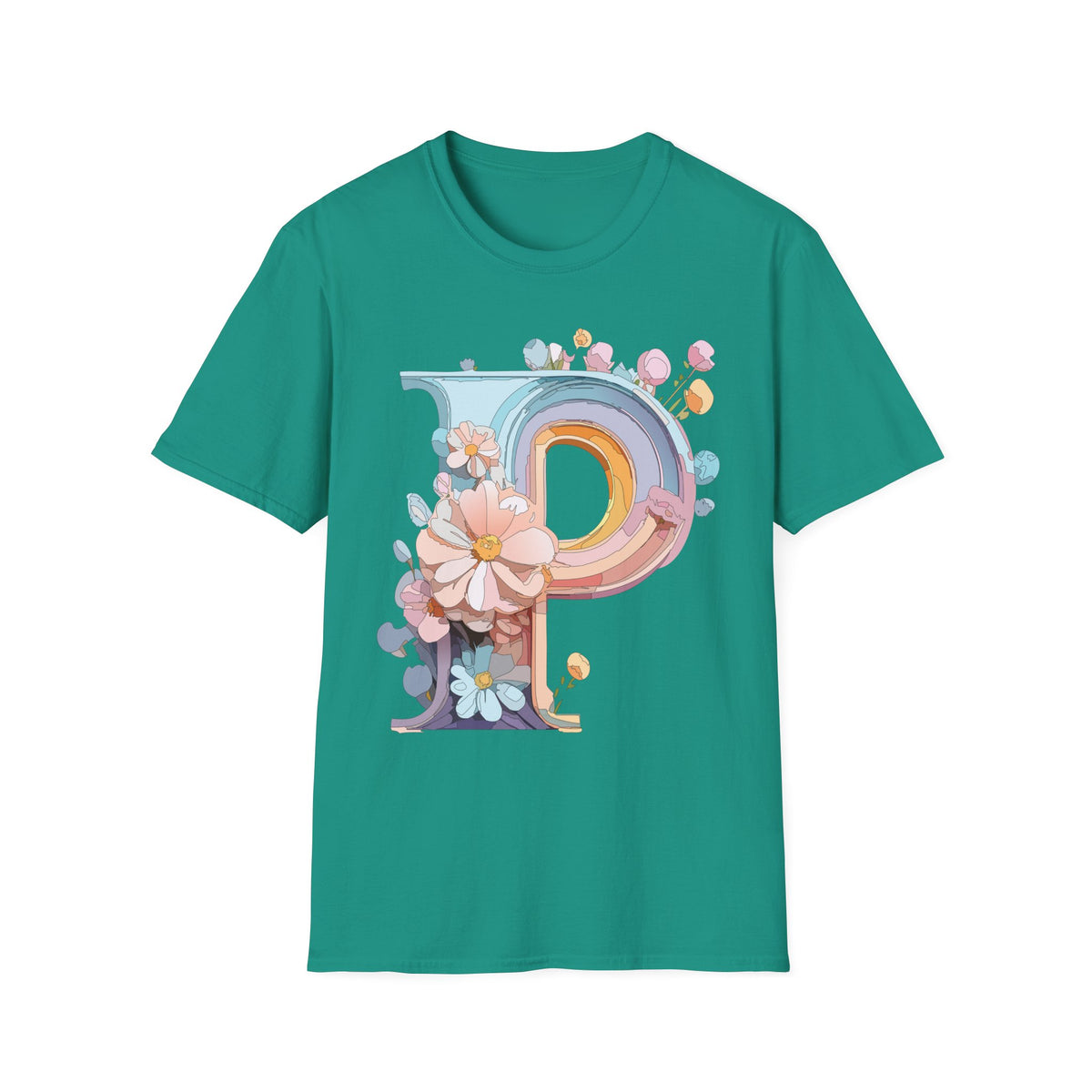 Floral Letter P T-Shirt | Pastel Rainbow Monogram Tee