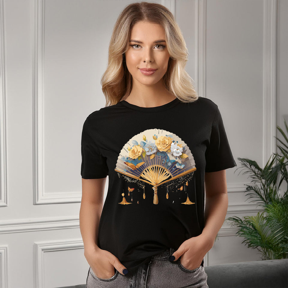 Antique Fan Graphic Design T-Shirt Unisex 100 Cotton Floral Carnival Artwork Tee 2