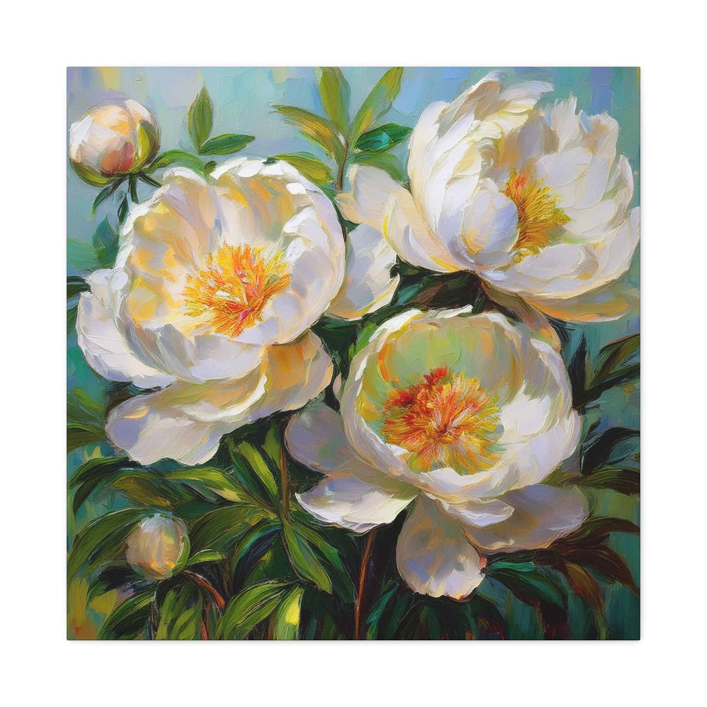 White Peonies Print Canvas, Floral Oil Paint Print 20x20, 24x24, 30x30, 32x32, 36x36 Art Design Pine-Wood Inner Frame MC-117