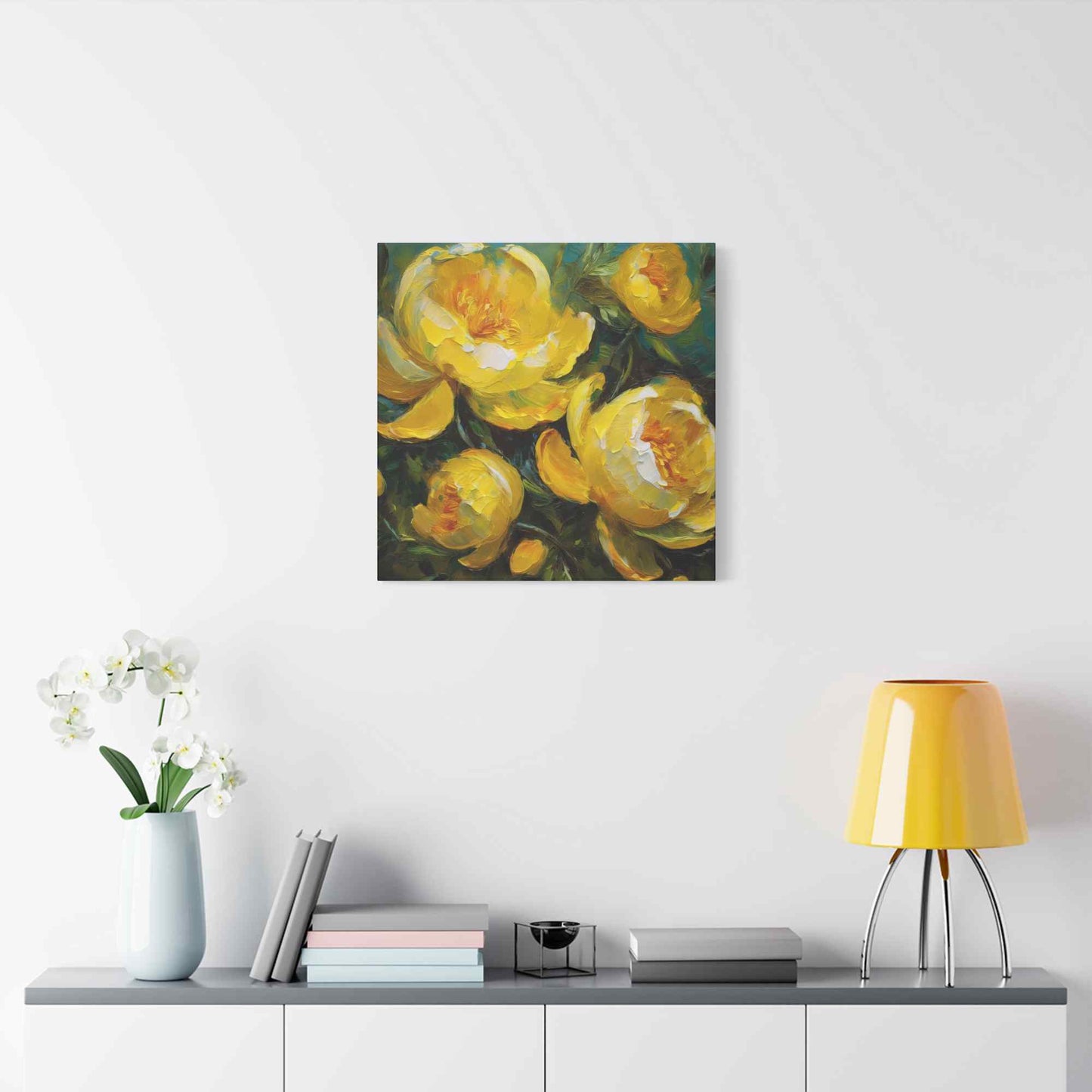 Yellow Peonies Print Canvas, Floral Oil Paint Print 20x20, 24x24, 30x30, 32x32, 36x36 Art Design Pine-Wood Inner Frame MC-122