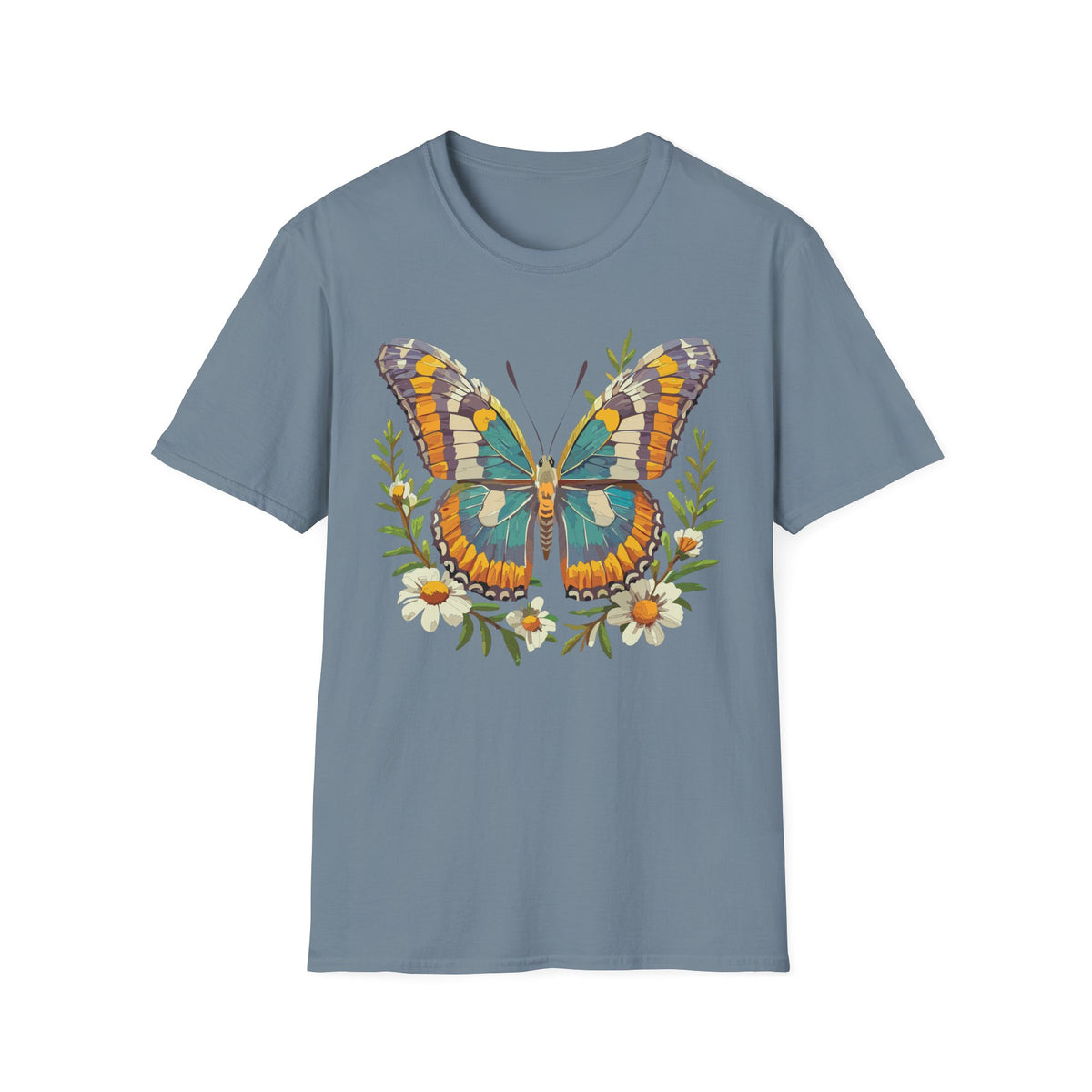 Teal Orange Butterfly T-Shirt | Floral Butterfly Illustration Graphic Tee Unisex 100 Cotton Gildan T-Shirt