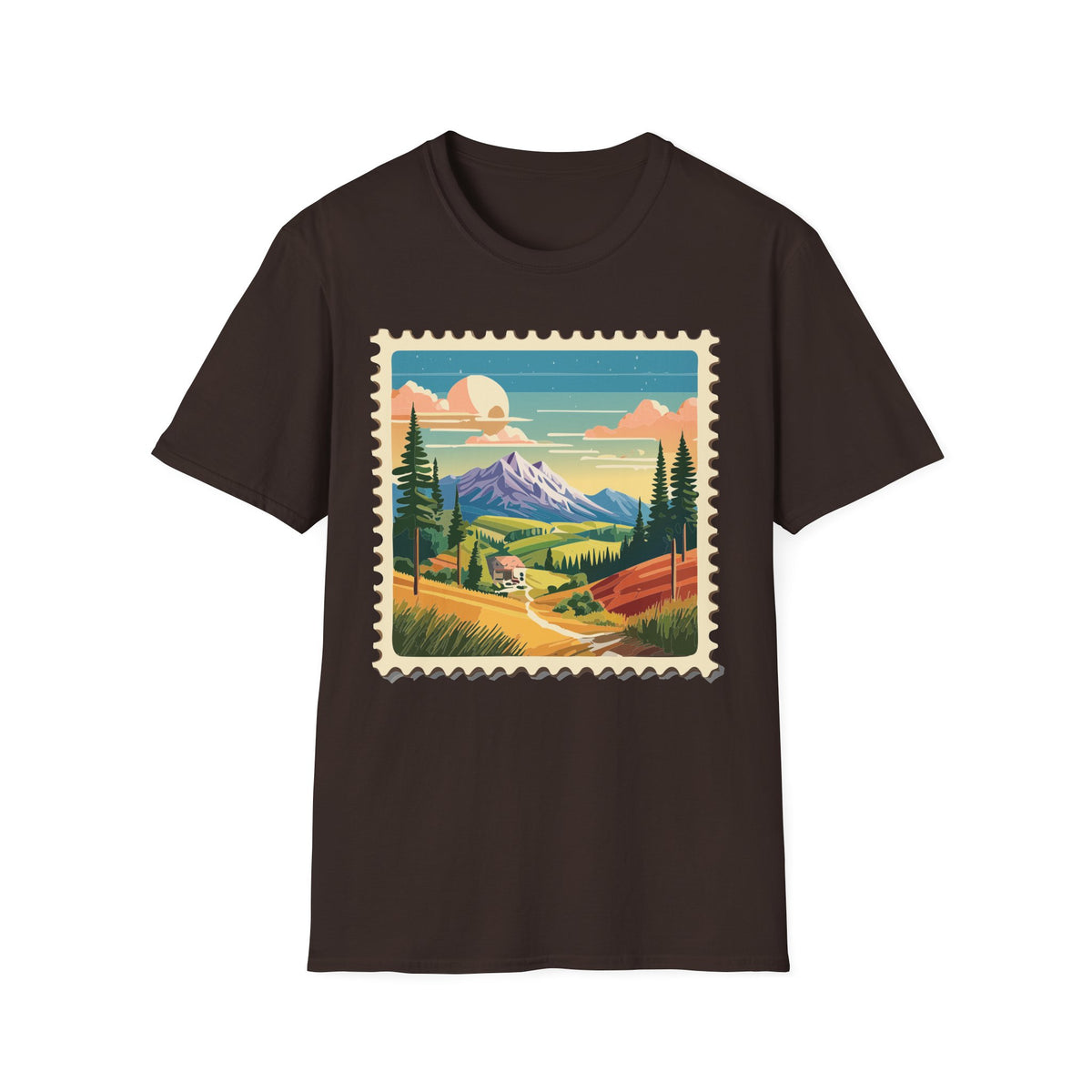 Mountain Landscape Stamp T-Shirt | Retro Sunset Scenic Tee