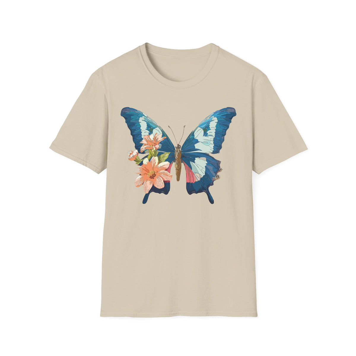 Blue Butterfly Floral Print T-Shirt | Botanical Wings Graphic Tee Unisex 100 Cotton Gildan T-Shirt