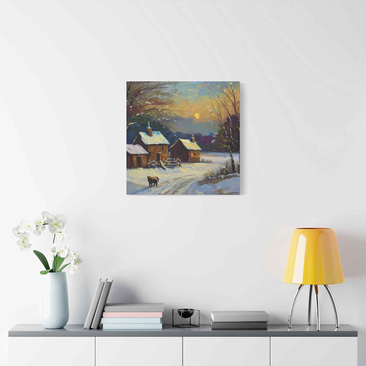 Countryside Winter Print Canvas, Oil Paint Print 20x20, 24x24, 30x30, 32x32, 36x36 Art Design Pine-Wood Inner Frame MC-111