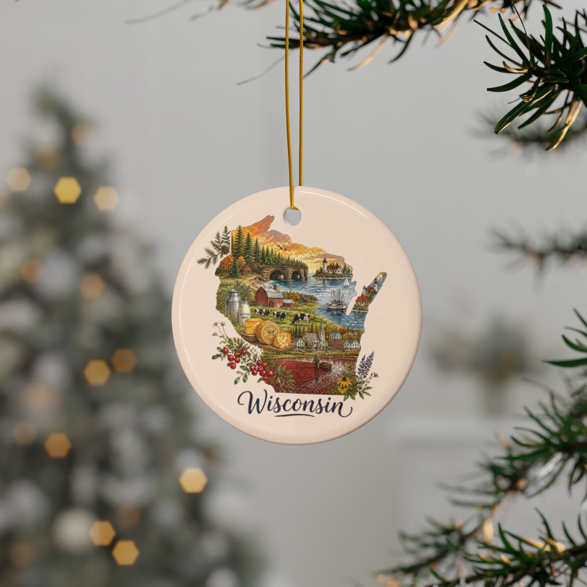 Wisconsin State Map Illustration Ornament | Ceramic Round Ornament - 2.99" Includes Gold String