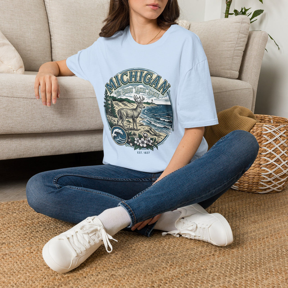 Michigan Deer Scenic T-Shirt — Vintage Great Lakes Travel Tourist Graphic Design Unisex 100 Cotton Gildan T-Shirt