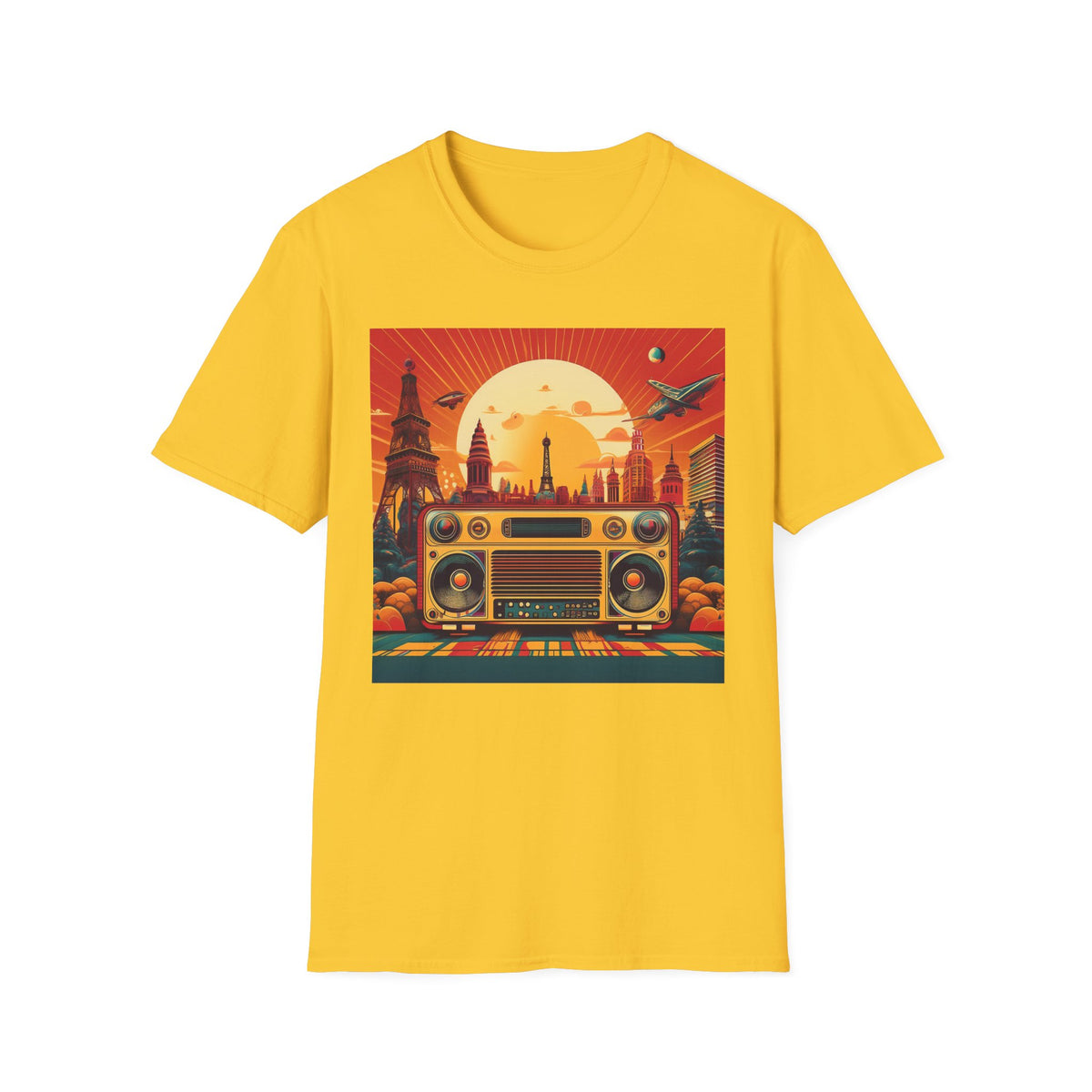Retro Boombox Sunset Cityscape Graphic Posters, Post Stamps Design Unisex 100 Cotton Gildan T-Shirt