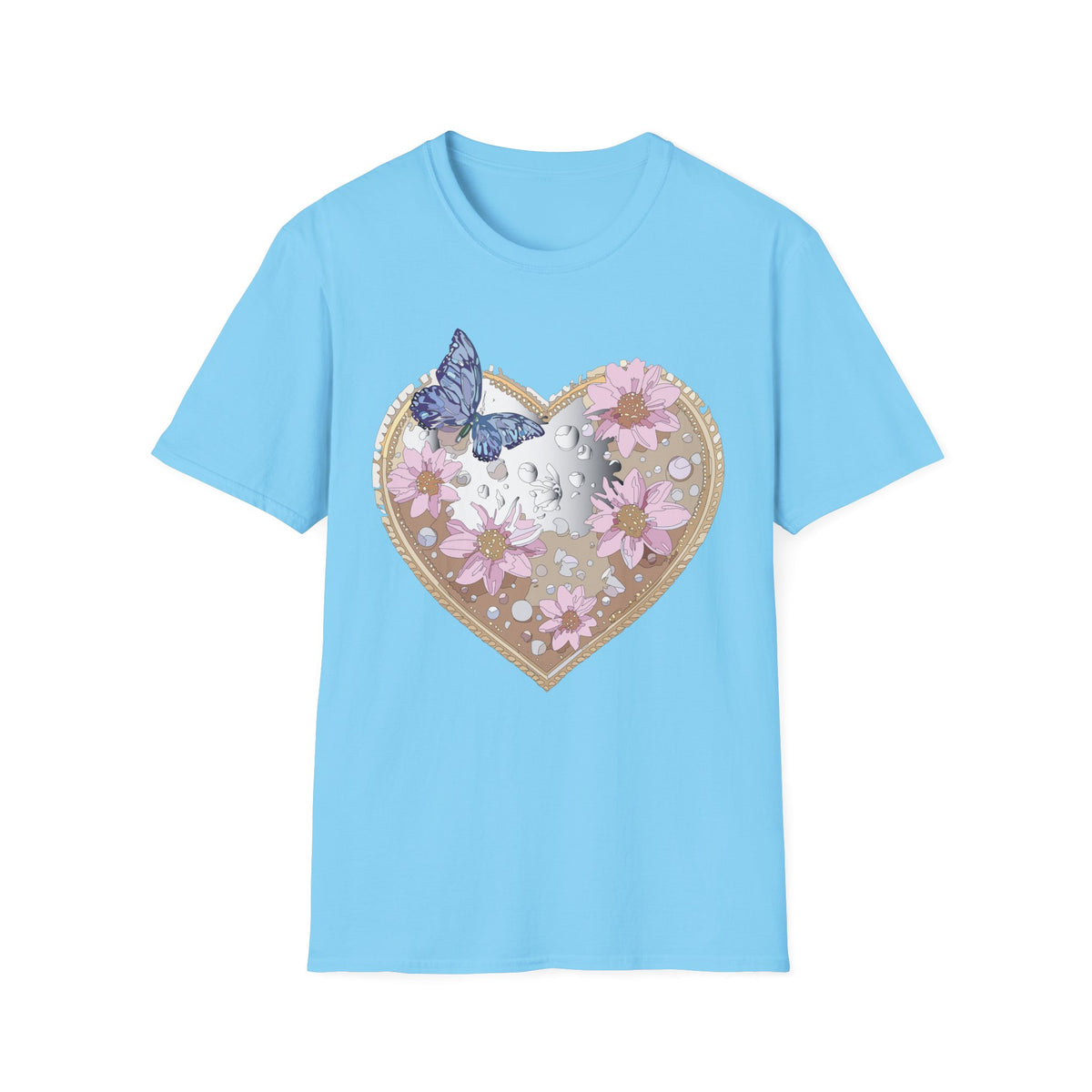 Floral Heart with Butterfly T-Shirt | Pink Flowers, Moon Phases Graphic Tee Unisex 100 Cotton Gildan T-Shirt