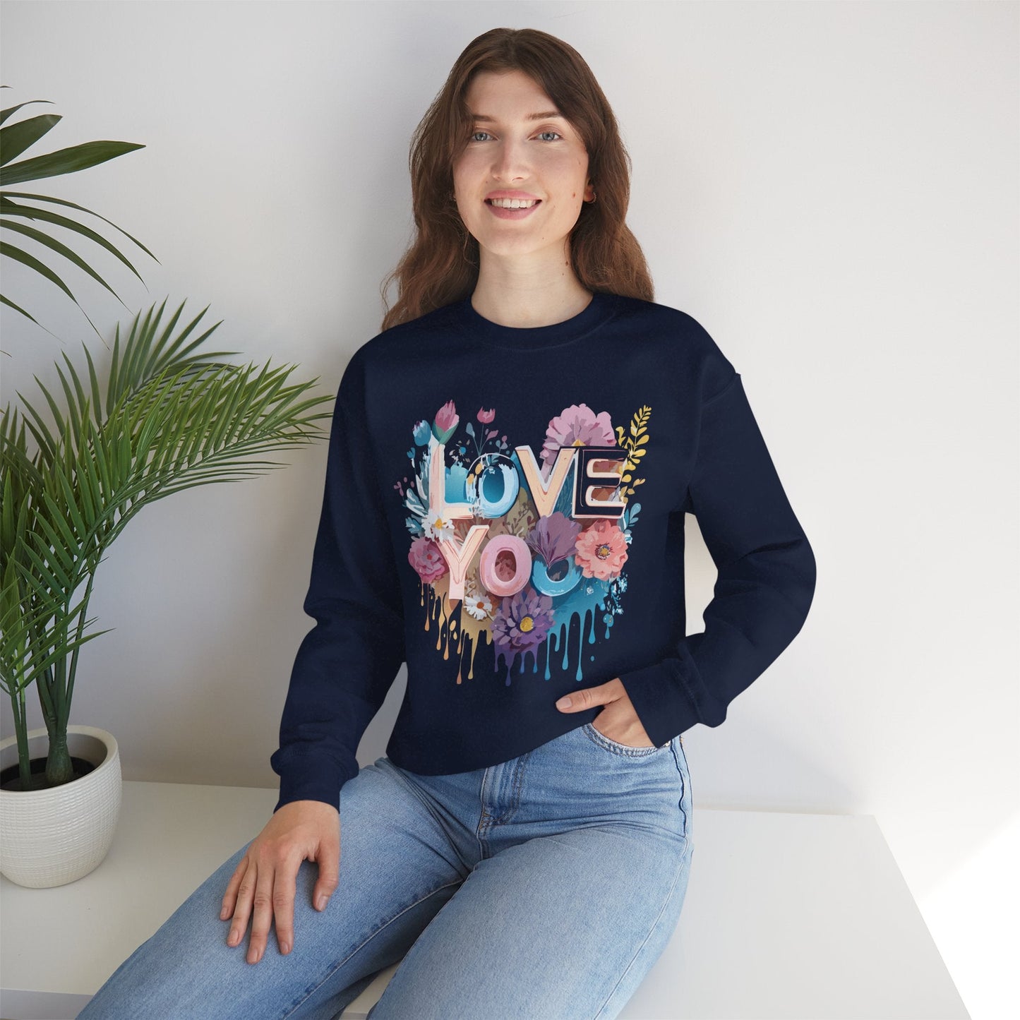 Floral Love Sweatshirt Unisex Heavy Blend Crewneck Valentine Day Flower Print Cozy Fleece Warm Gift