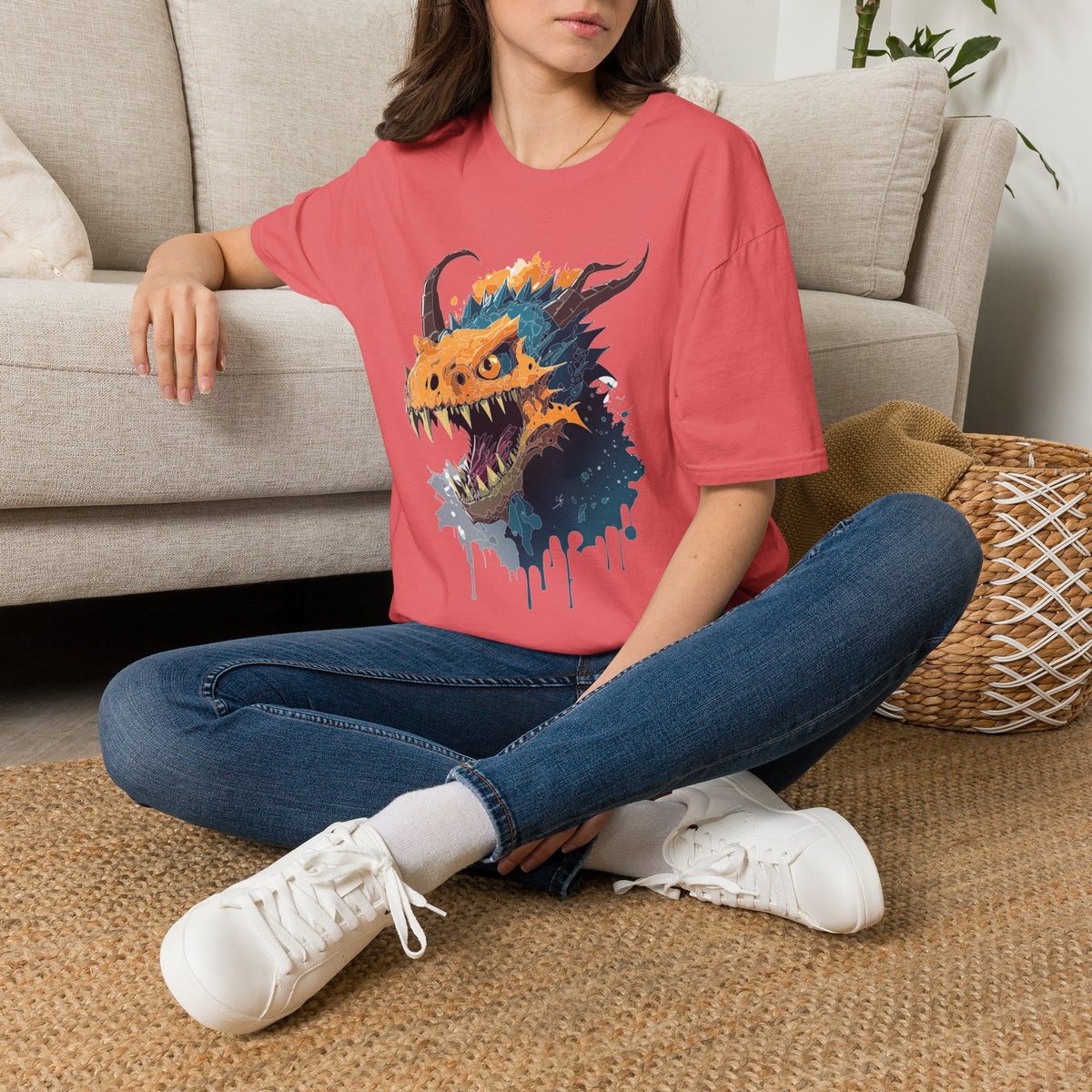 Dragon Head Graphic T-Shirt — Fiery Monster Art Cartoon Graphic Tee Unisex 100 Cotton Gildan T-Shirt